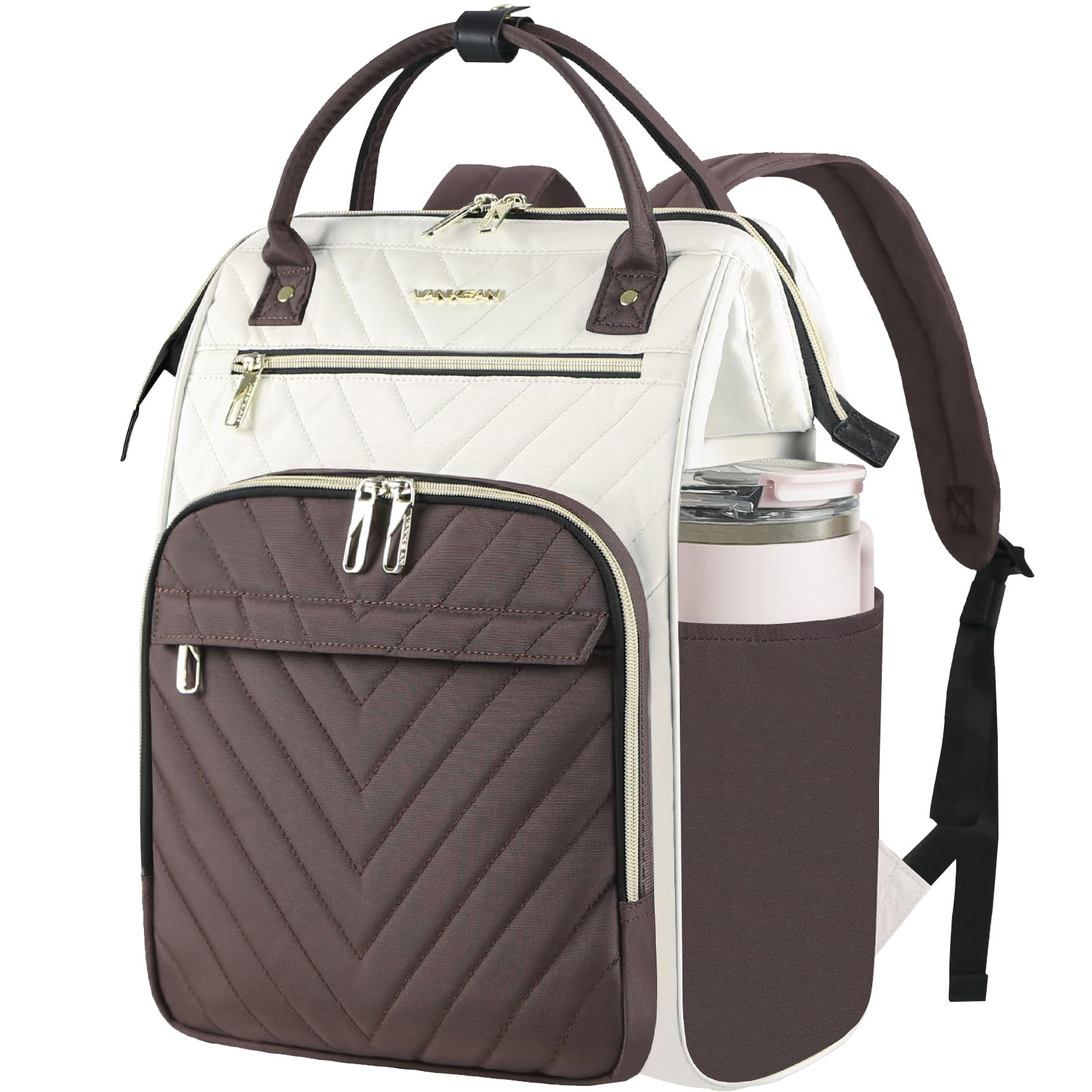 VANKEAN 17 Inch Laptop Backpack for Women Fashion Computer Work Bag, Large Capacity Waterproof Backpack, College Daypack Business Travel, Beige-Coffee