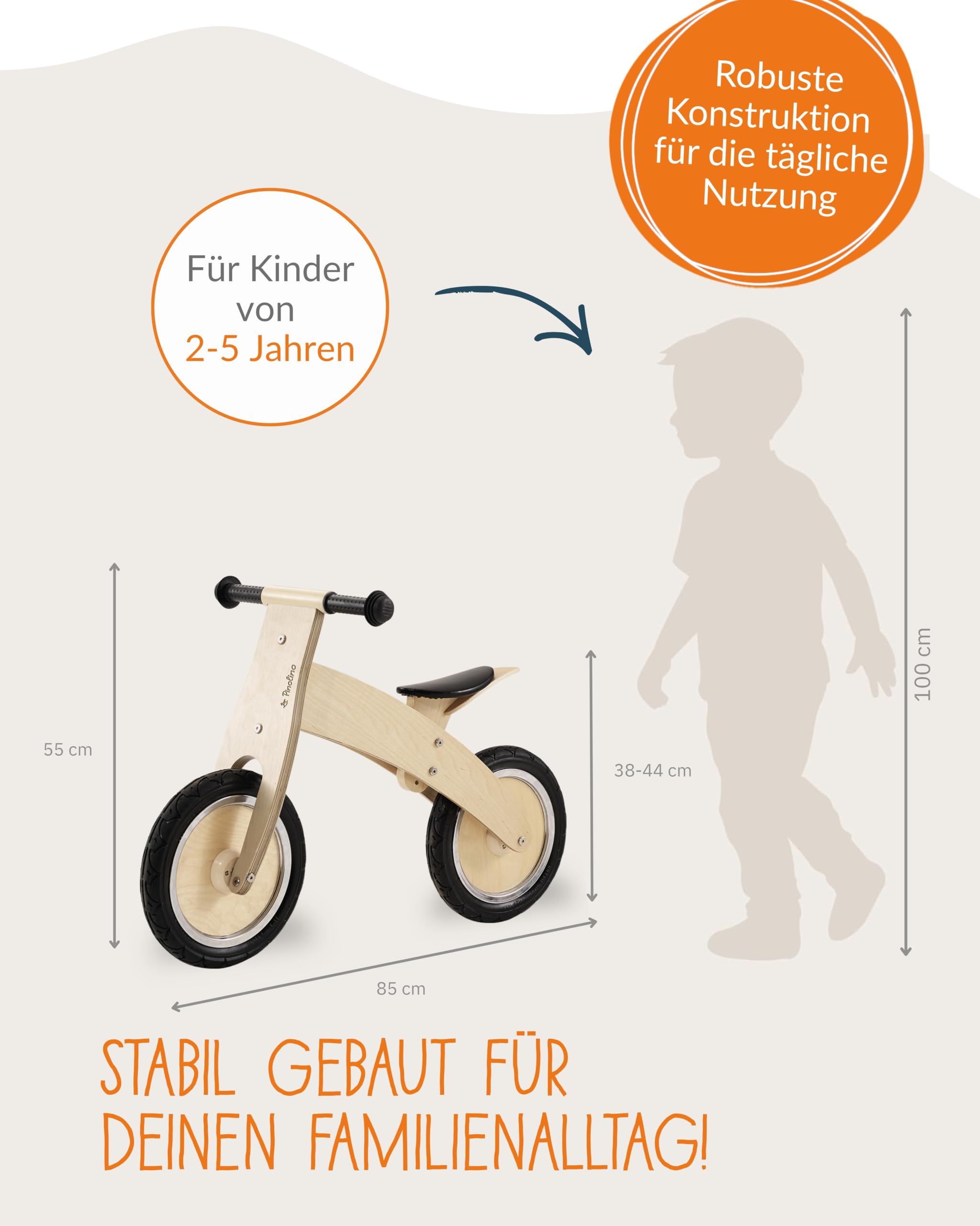 Pinolino 239471 Laufrad Lino, klar lackiert, aus Holz, unplattbare Bereifung, umbaubar vom Chopper zum Laufrad, für Kinder von 2 – 5 Jahren, 85 x 38 x 55