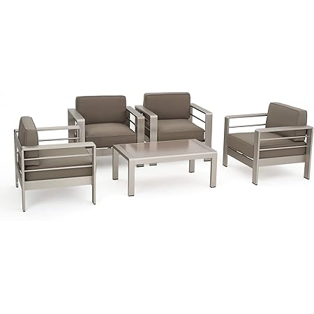 Christopher Knight Home Crested Bay Aluminum Patio Chat Set, 5-Pcs Set, Khaki / Silver