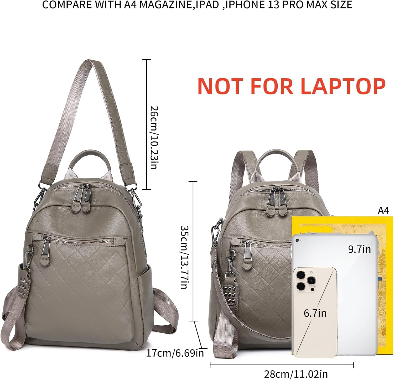 Genuine Leather Backpack Purse For Women Grey Quilted Real Soft Leather Fashion Designer Convertible Ladies Shoulder Bag - Image 8