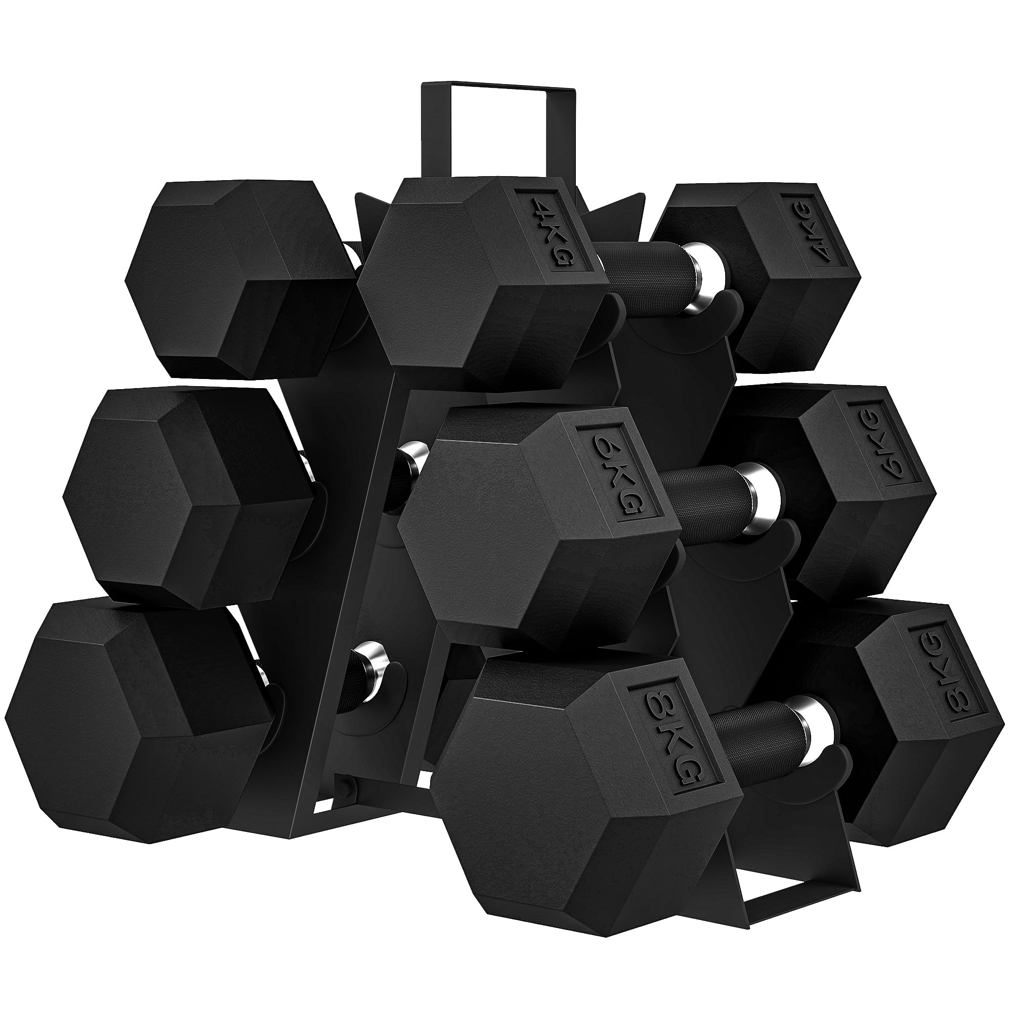 SPORTNOW Juego de Mancuernas de 6 Piezas 36 kg, Mancuernas Hexagonales 2x4kg, 2x6kg, 2x8kg, con Soporte Almacenamiento, Recubrimiento de Goma y Mango Antideslizante para Entrenamiento en Casa Gimnasio