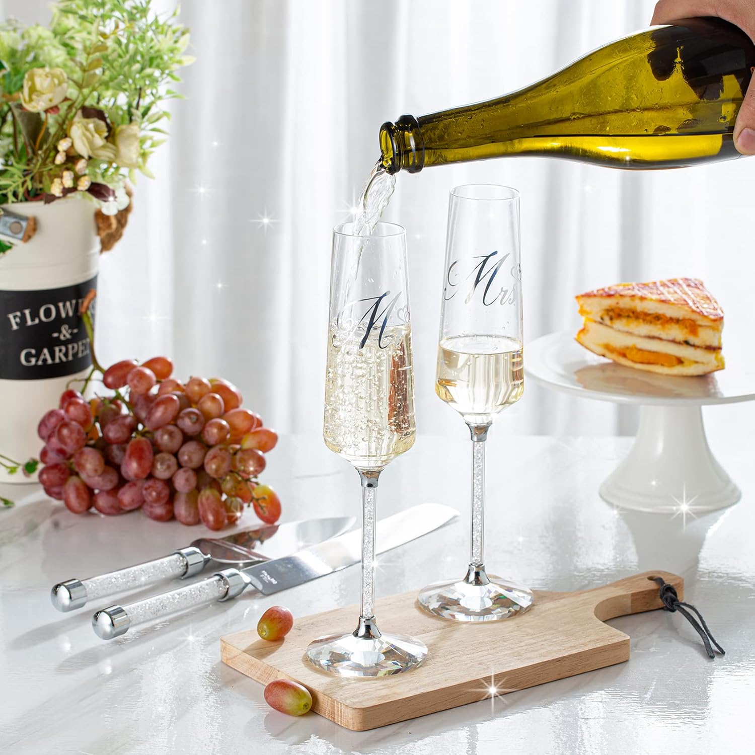 Wedding Cake Knife and Server Set, Mr and Champagne Flutes with Wedding Cake Cutting Set for Bride and Groom Toasting (Clear)