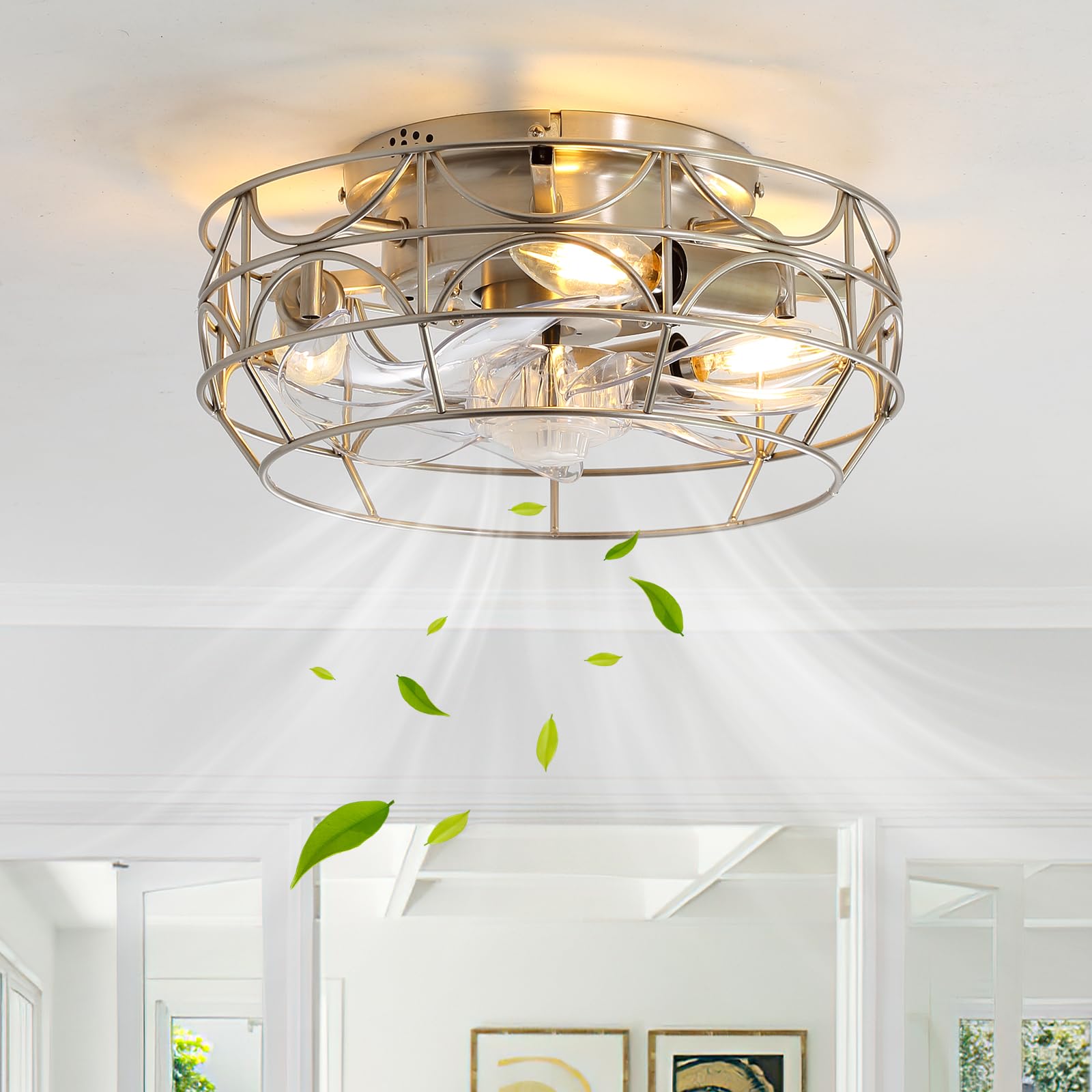 Brushed Nickel Caged Ceiling Fans with Lights and Remote,6 Speeds,12 inch Industrial Flush Mount Ceiling Fan with Light, Modern Bladeless Fan Lights