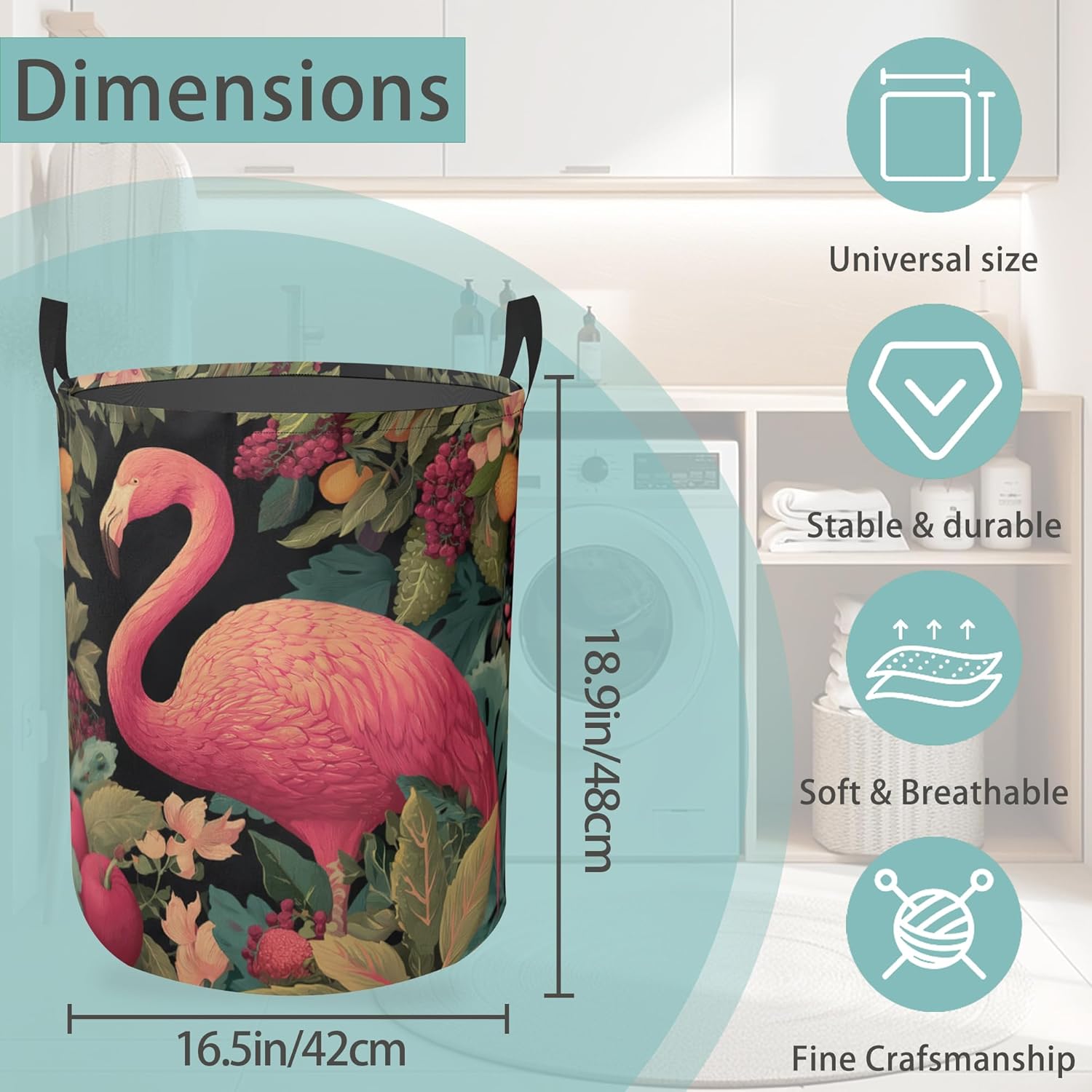 Laundry Basket With Handle, Dirty Clothes Laundry Hamper, Oxford Cloth Bin Storage Organizer for Toy Collection (Tropical Flamingo)