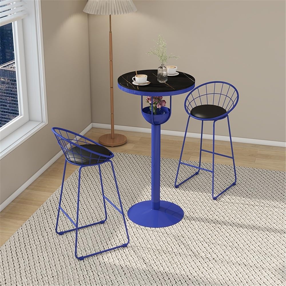 Tavolo da bar in ferro blu con lastra di roccia per la colazione, per casa, balcone, tempo libero, rotondo, alto per pub, caffetteria (grande)