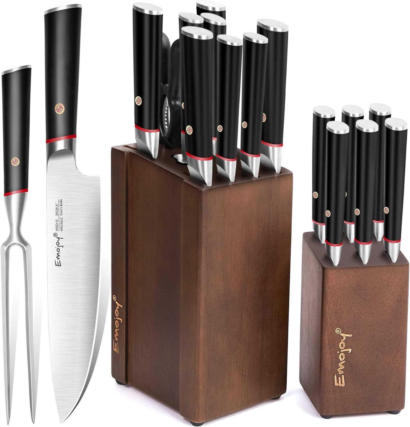 Emojoy Knife Set, 16-Piece Kitchen Knife Set with Block and Serrated Steak Knives, Germany High Carbon Stainless Steel Knife Block Set