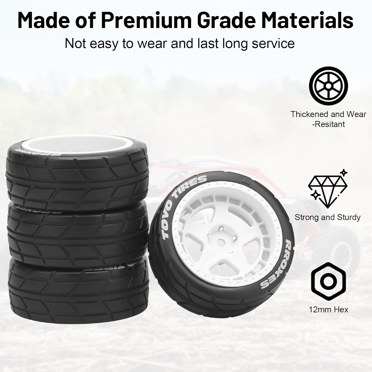 1/10 RC On Road Wheels and Tires, daitoku 12mm Hex RC Rally Racing Car Tires for HPI Ken Block's Tamiya XV01 TT01 TT02B Kyosho FAZER MK2 Lc Racing PTG HSP RGT RC 3RACING D5 (White)