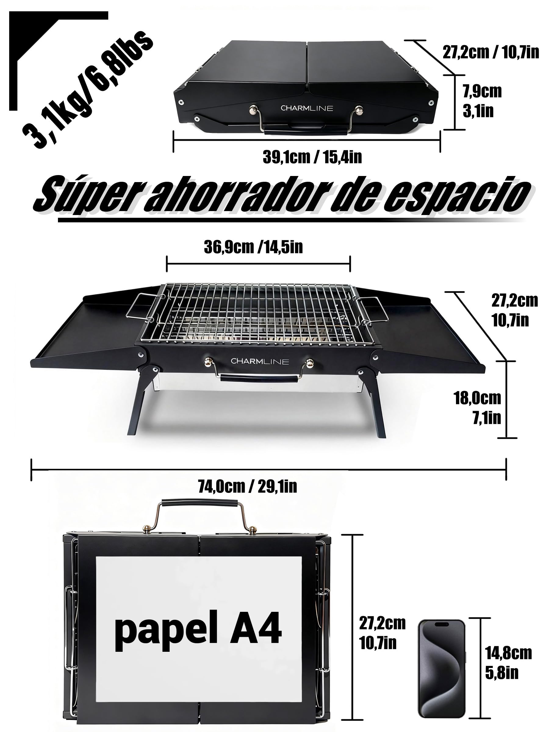 Charmline 39 * 27 cm Barbacoa de Carbón para Camping, Picnic, Jardín y Playa, Pequeña Barbacoa de Carbón Portátil Plegable para 2-4 Personas, BBQ Portátil para Uso en Exteriores, Negro