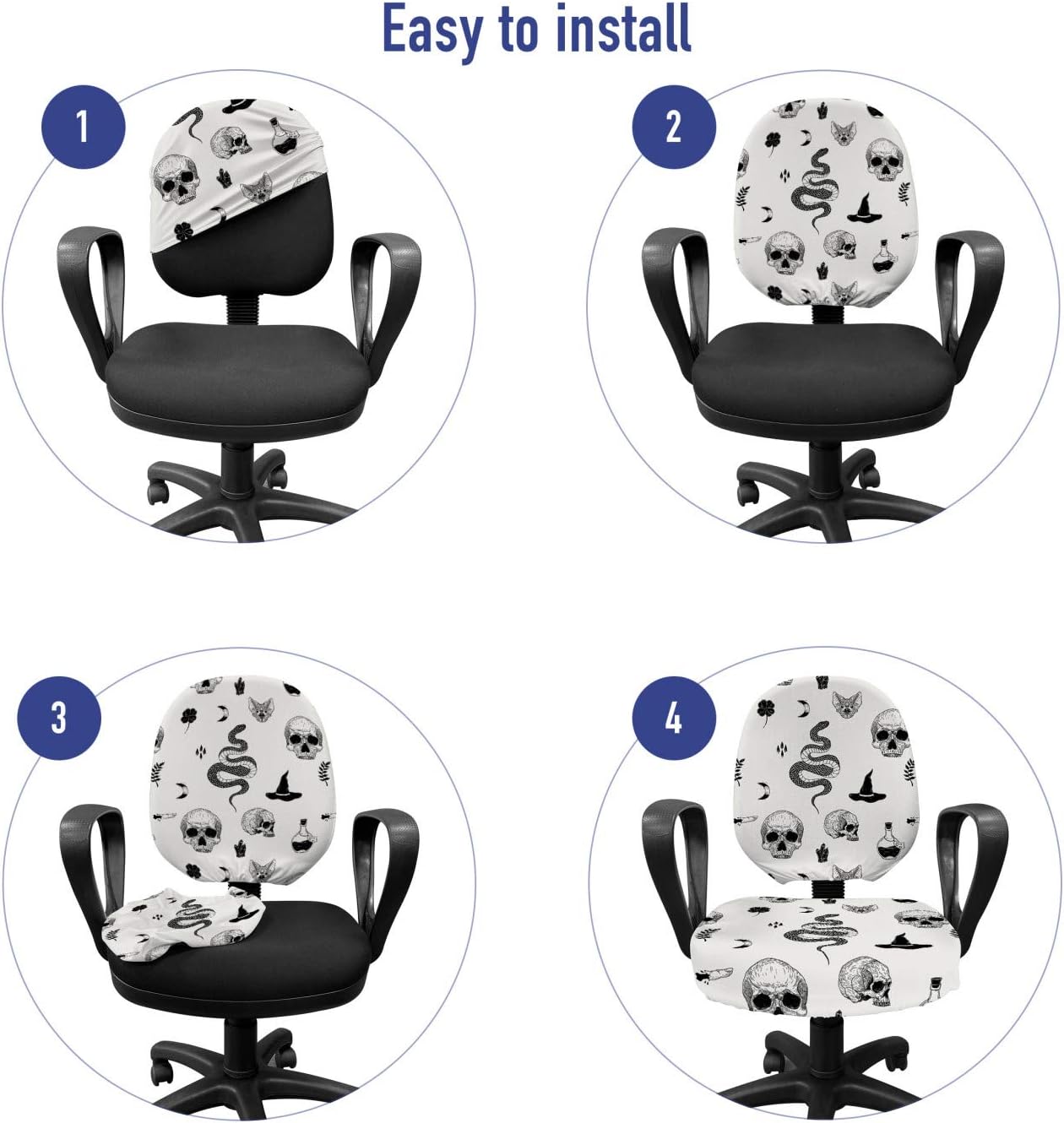 Ambesonne Skull Office Chair Slipcover, Tattoo Style Snake Bat Snake Moon Witch Hat Poison Creepy Halloween Gothic, Protective Stretch Decorative Fabric Cover, Coconut Charcoal Grey