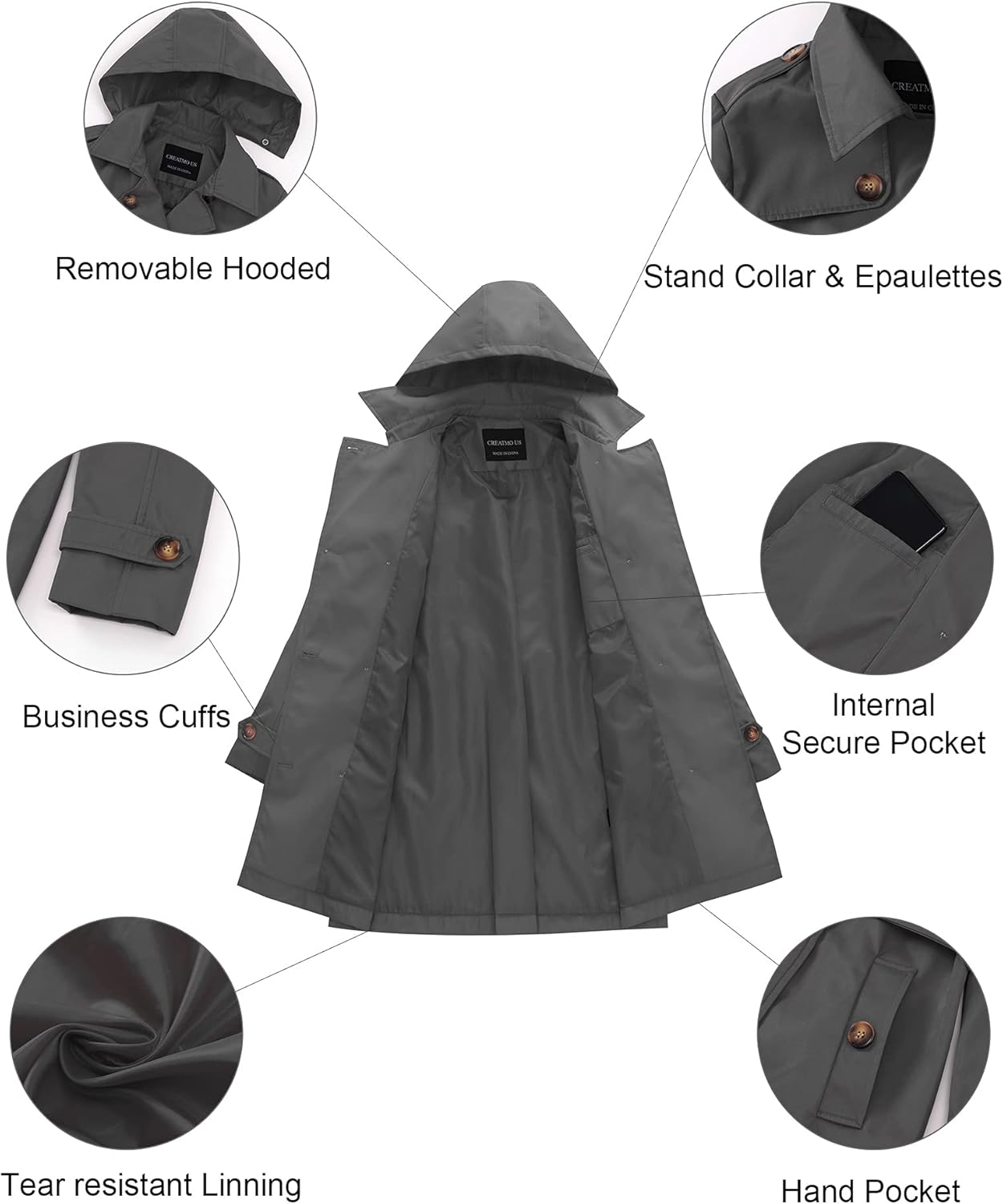 CREATMO US Women's Plus Size Trench Coat Double-Breasted Classic Lapel Overcoat Belted Outerwear Coat with Detachable Hood - Image 5