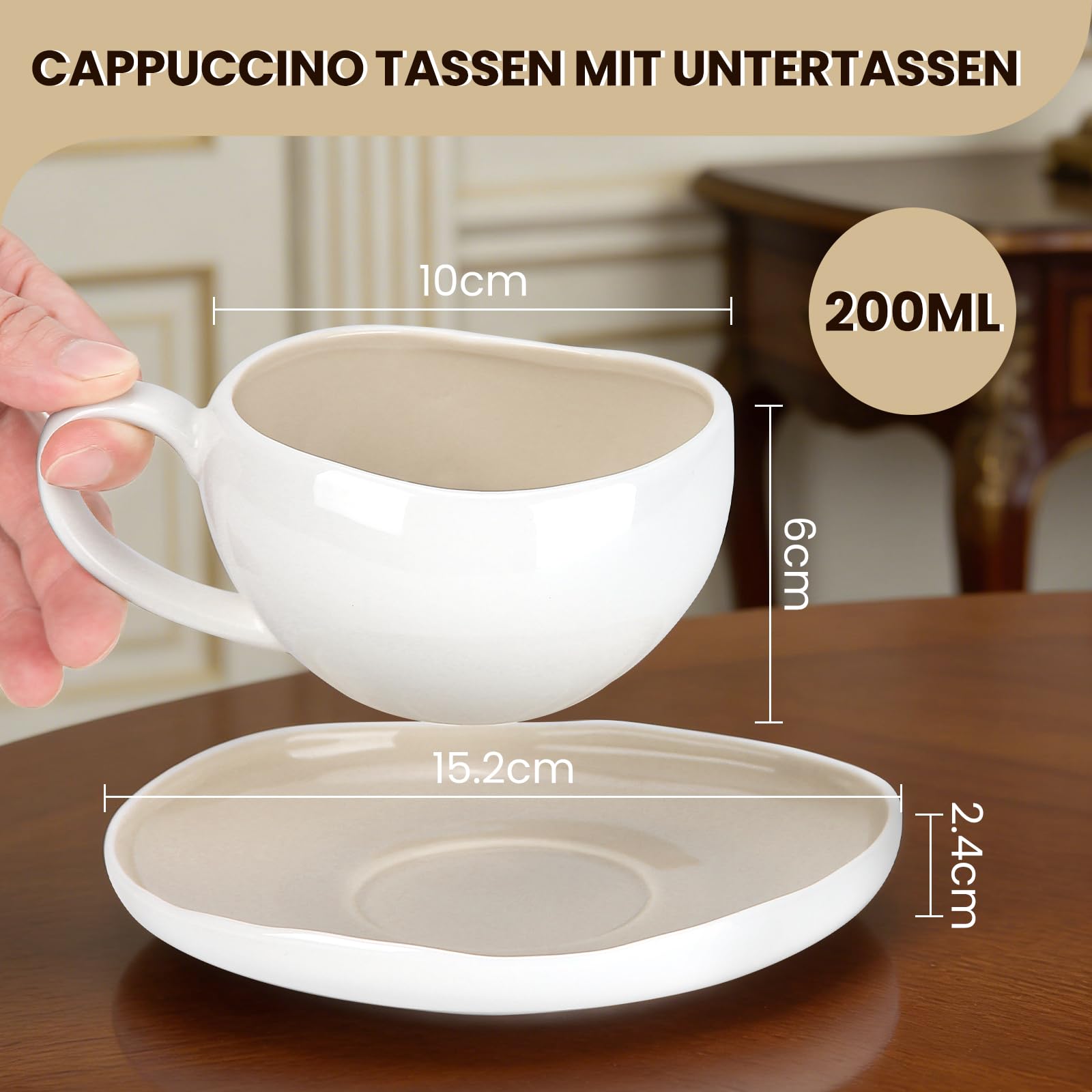 Filiżanki do cappuccino, filiżanki do kawy 200 ml, ze spodkami, serwis do kawy 6 osób, zestaw filiżanek do cappuccino, ceramiczne kubki do kawy, cappuccino, latte, americano i herbaty, jasnobeżowy