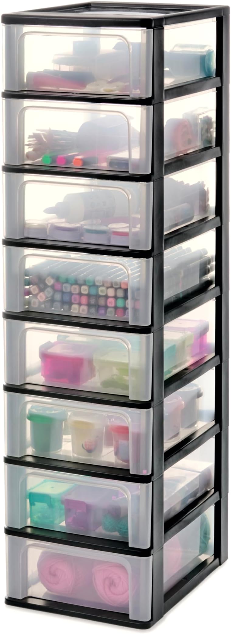 Plastic Storage Drawers Unit, 8 Shallow Drawers, Black, Easy-Pull Drawers, A4, A5 & A6 Format, File Organiser, For Office, School, Stationary, BPA Free, Chest, Tower, OCH-2008