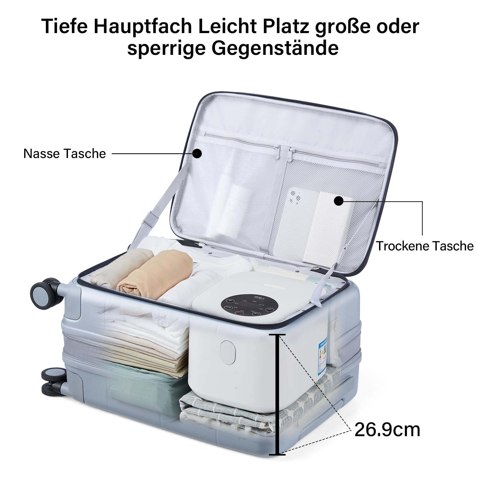 Hanke Erweiterbarer Koffer Handgepäck mit 360°-Spinnerrändern, Frontöffnung PC Hartschalenkoffer mit integriertem TSA-Schloss 49cm(40L), Grau