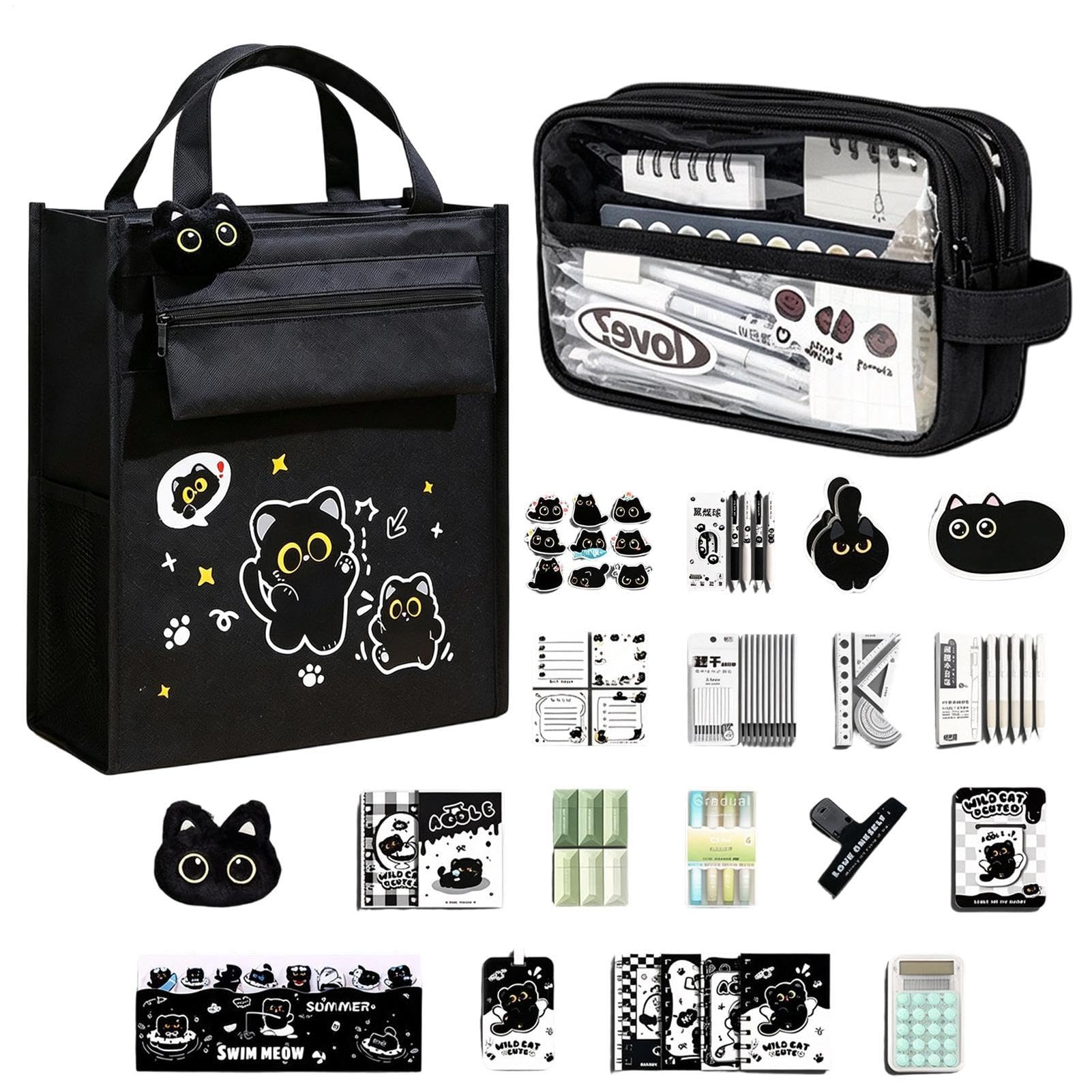Generisch Set di cancelleria Kawaii, grande capacità, gatto nero | Forniture scolastiche per bambini, ragazze, adolescenti, insegnanti, donne, casa, aule, dormitorio, università