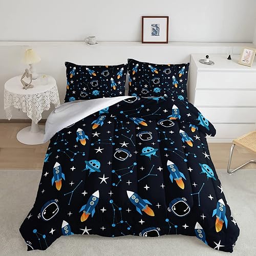 Miniatura 4 de BailiPromise Juego de edredón de tamaño individual, diseño de cielo estrellado, diseño de espacio exterior, dibujos animados, para niños y niñas, 1