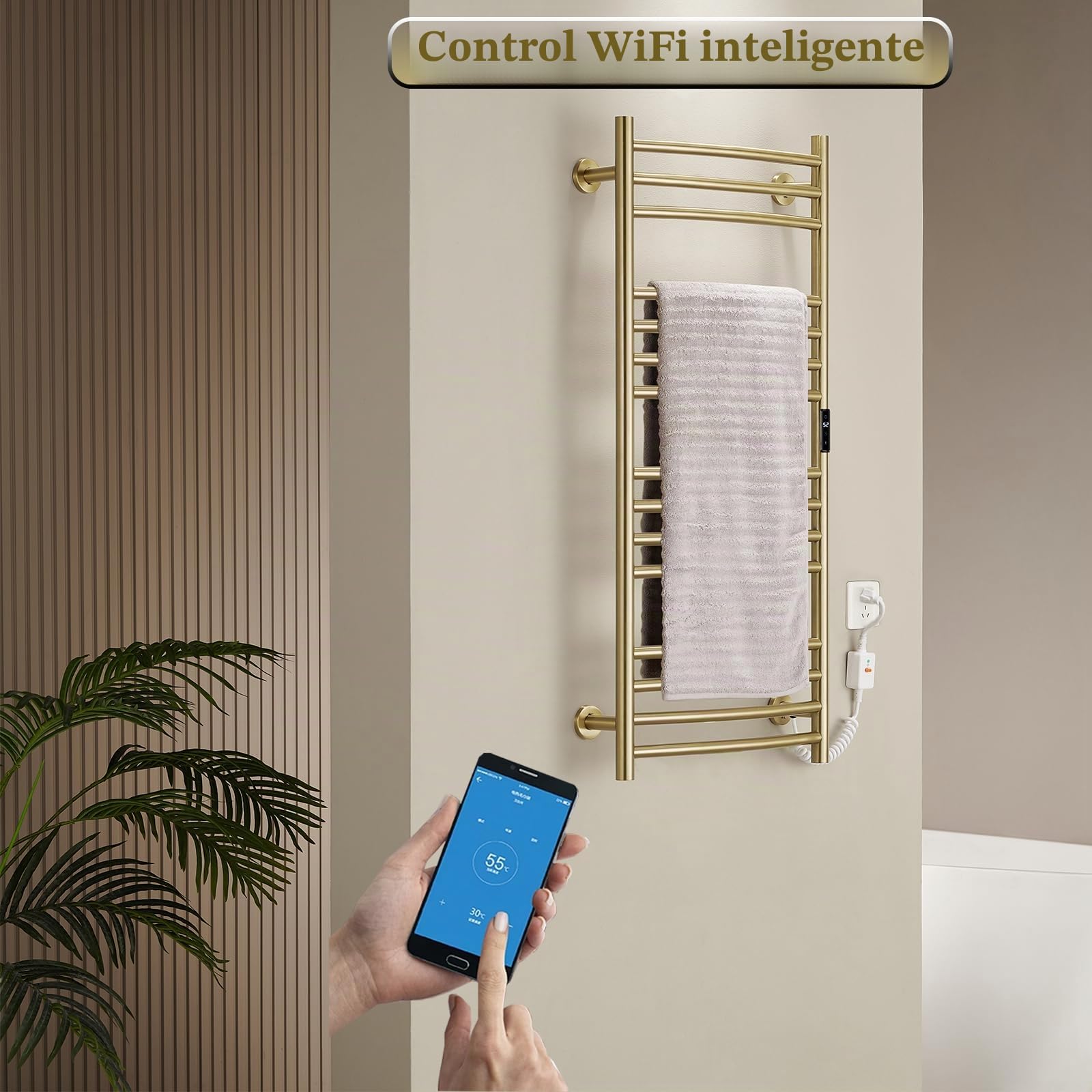 ESOP RadiadorToallero Eléctrico Baño Oro Cepillado 185 W Calienta Toallas 1100 x 600 mm 15 Varilla Curva WiFi Inteligente Temperatura Constante