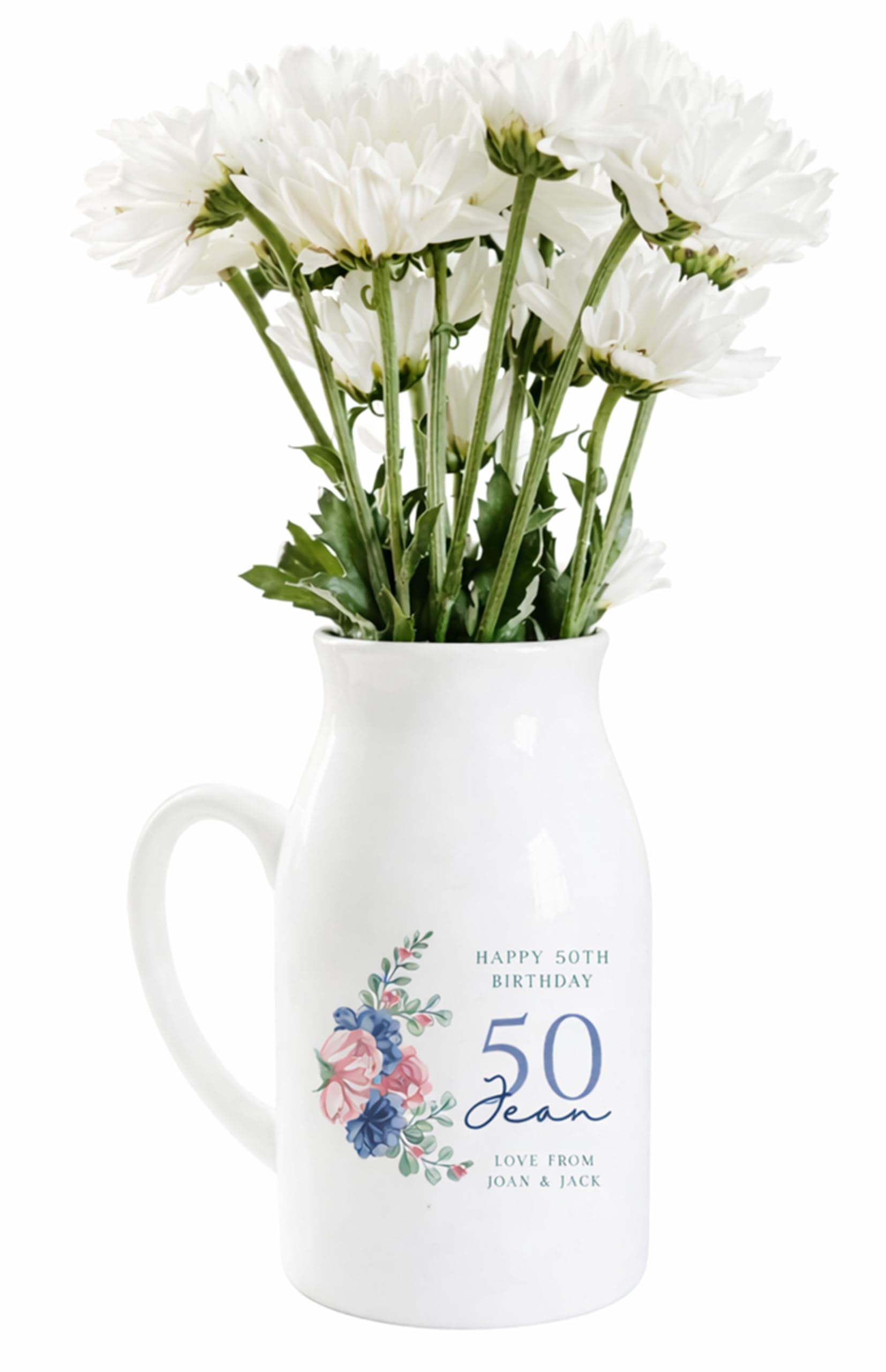 Uniquepgifts White Personalised 50Th Birthday Milestone Gift, Small Flower Jug Vase, Birthday Keepsake For Nan, Nanny, Nana, Grandma, Auntie, Friend, 12.5Cm High