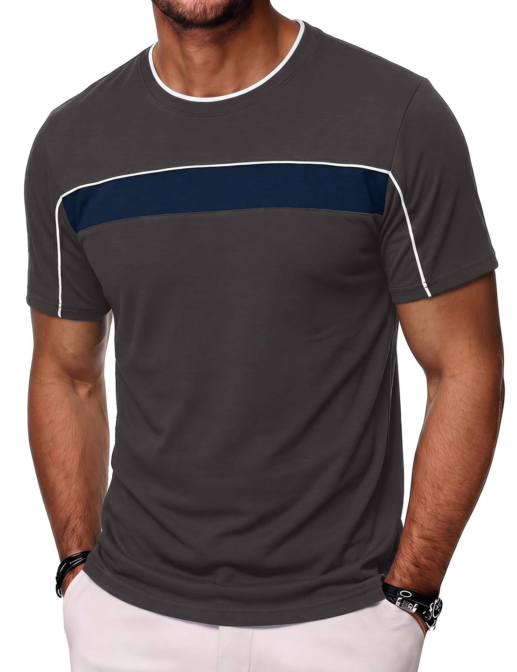 Quoboquo Schlafshirt Herren Kurzarm - Pyjama Oberteil Kurz aus Baumwollmix - Bequemes Schlaf T-Shirt Männer mit Rundhals & Kontraststreifen - Nachtwäsche Homewear Shirt S-3XL