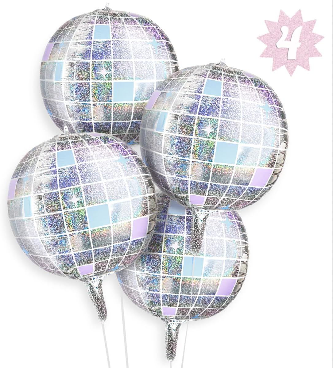 xo, FettiIridescent Disco Ball Foil Balloons - 4 pk, 22" | Last Disco Bachelorette Decorations, Groovy Birthday Party Supplies, 70s Baby Shower, NYE, Space Cowboy
