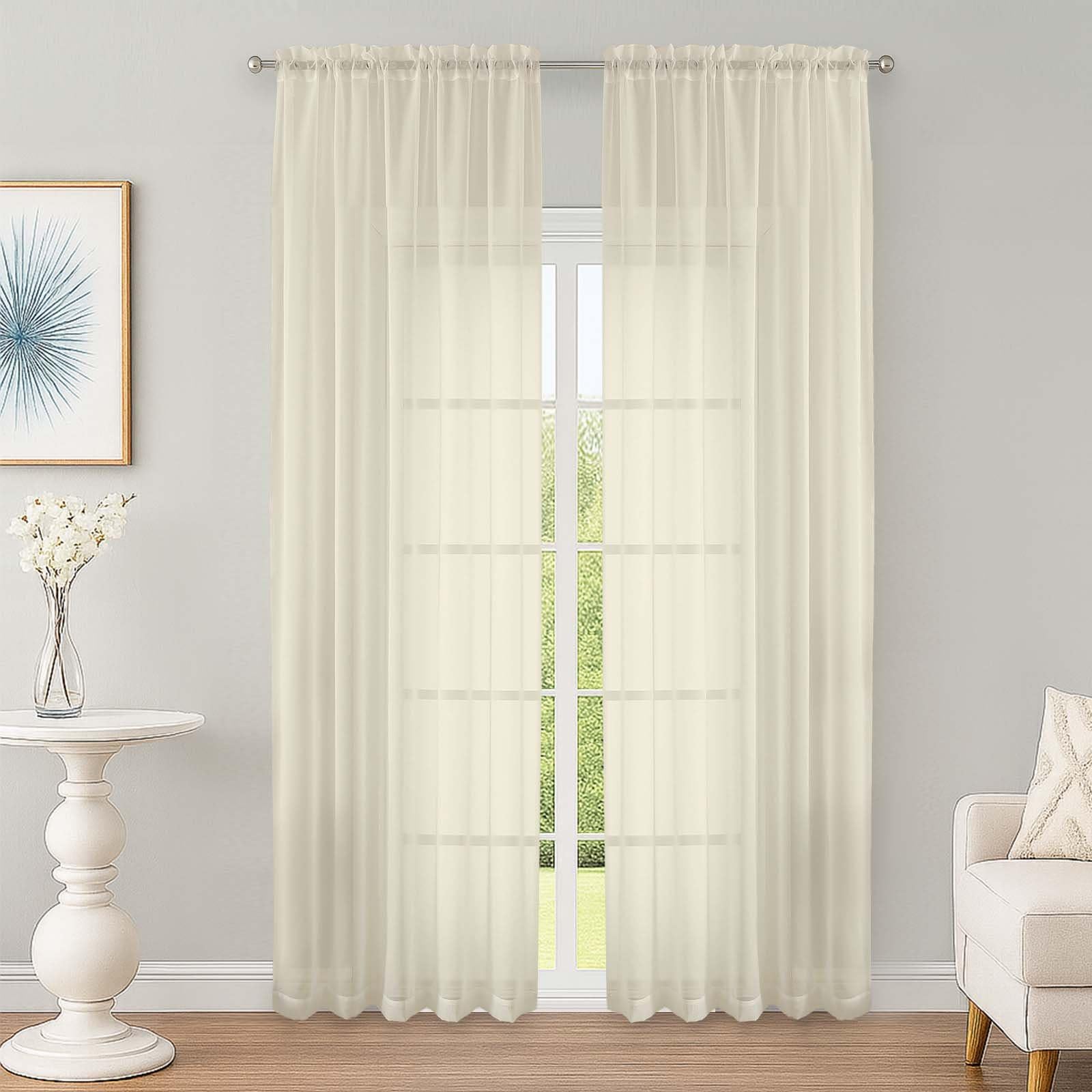 OWENIE Cream Sheer Curtains 90 inch Length 2 Panels Set, Rod Pocket Voile Fimly Sheer Drapes for Living Room/Bedroom, 2pcs, Each 52" W x 90" L