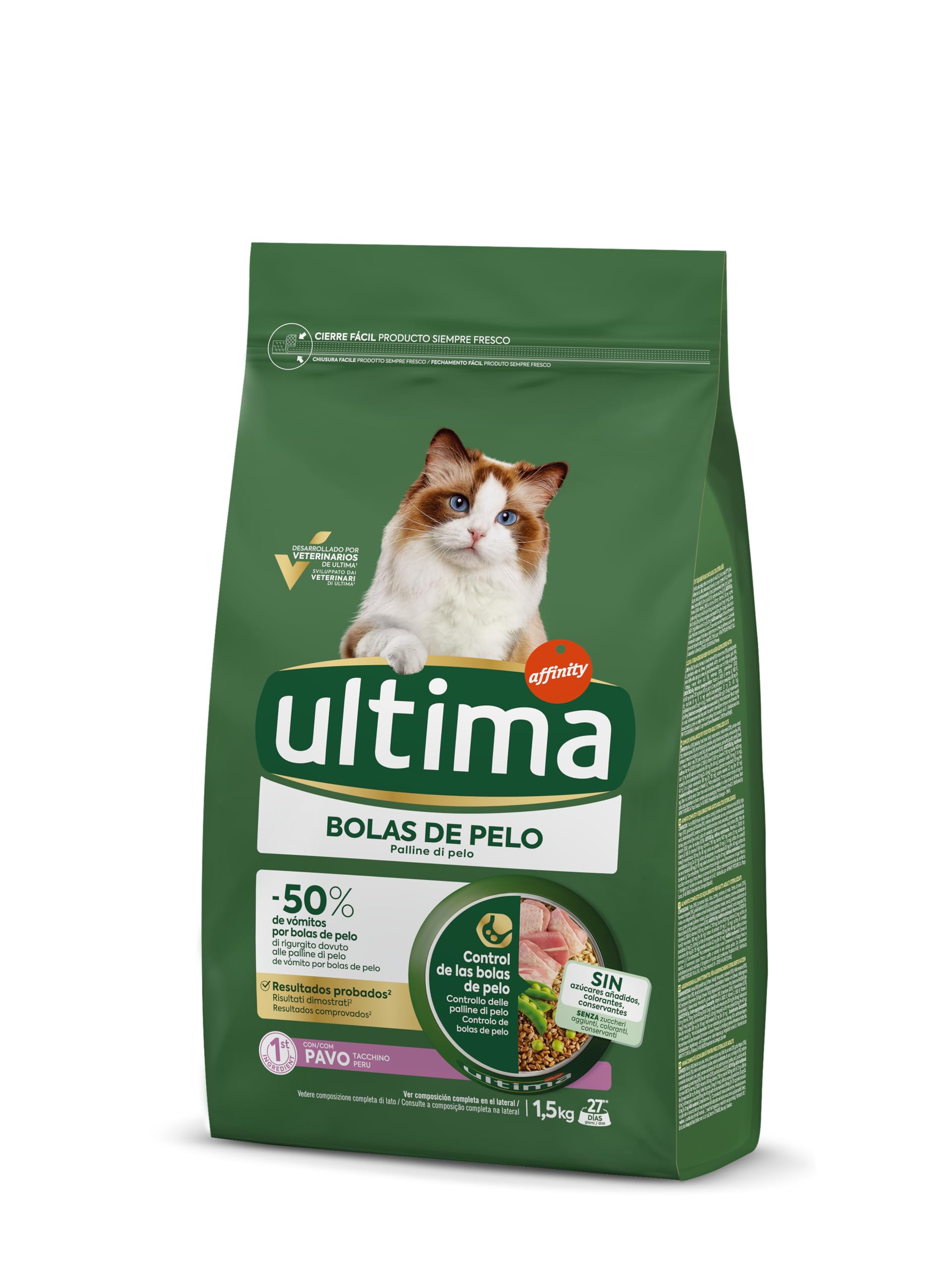 Ultima Bolas de pelo Pavo, Comida seca para gatos, Pack de 4 x 1,5kg, Total 6kg