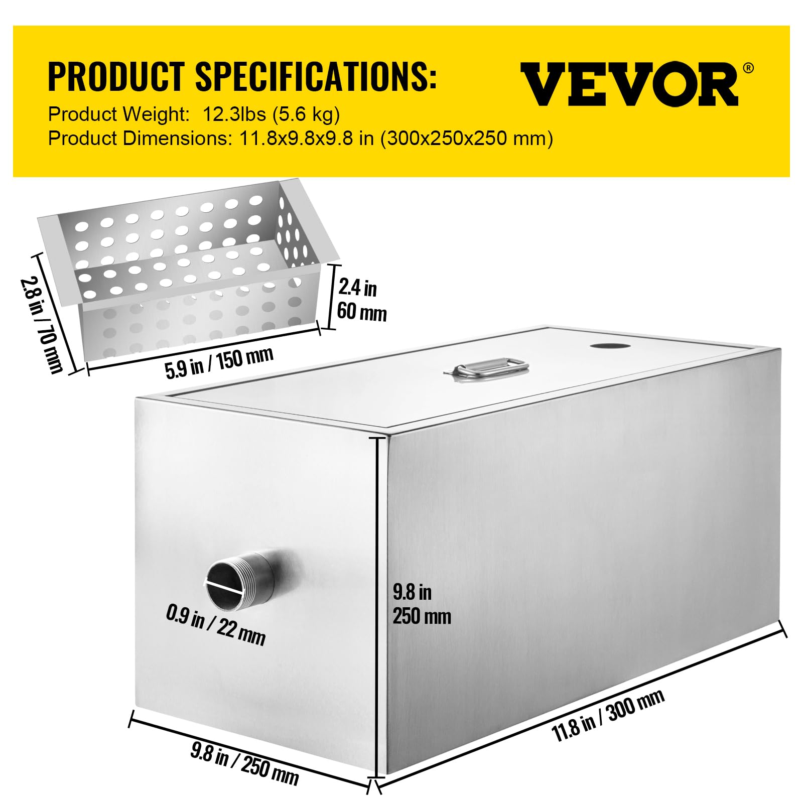VEVOR Interceptor de Grasa Comercial Separador de Grasa 3,6kg Trampa de Grasa Entrada Superior Acero Inoxidable Debajo del Fregadero Separador de Agua y Aceite 2,8GPM para Cocina, Cantina, Restaurante