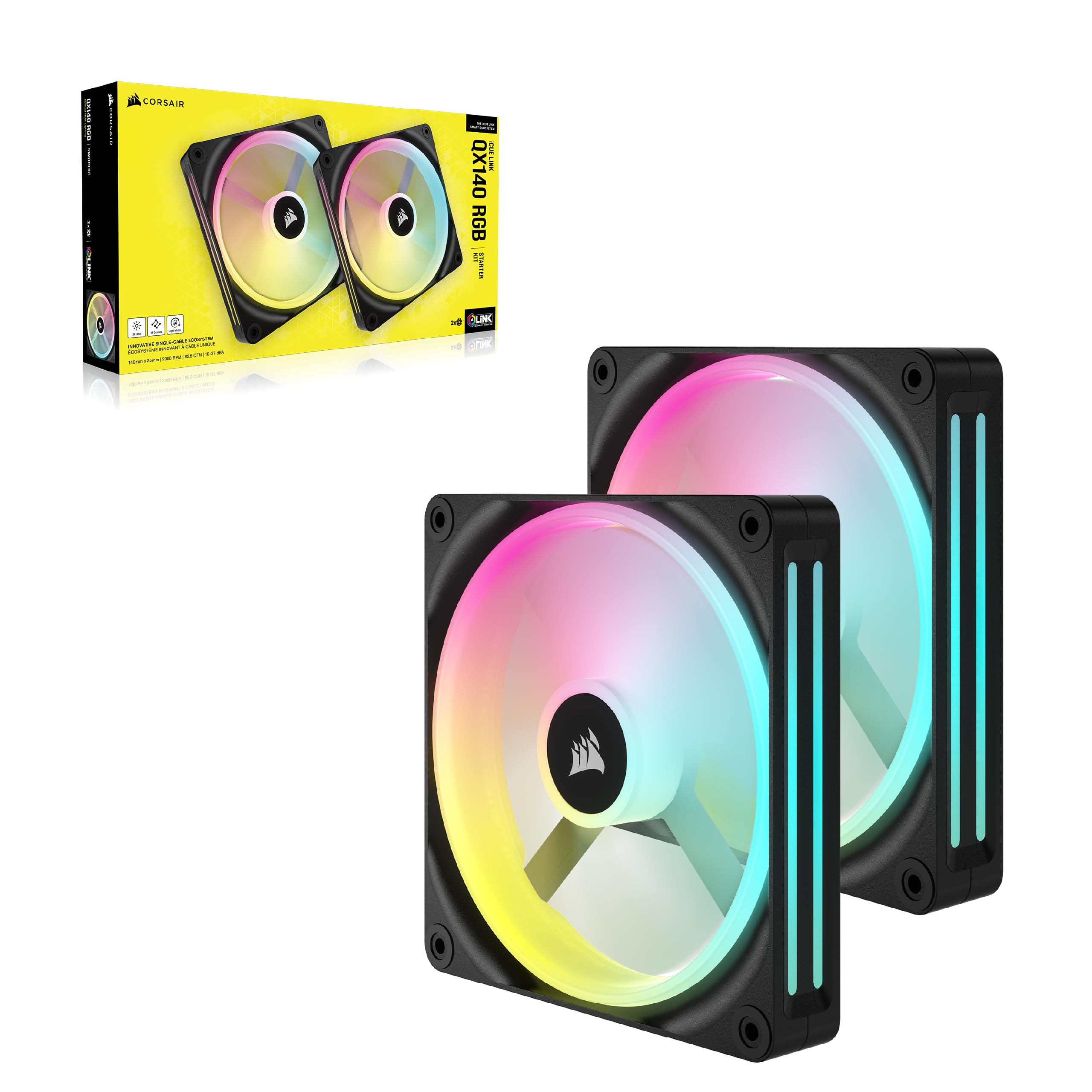 Corsair iCUE LINK QX140 RGB 120 mm Wentylatory – 2x Zestaw — Czarny | Magnetyczna kopuła, zestaw startowy z kontrolerem iCUE LINK, wydajne chłodzenie