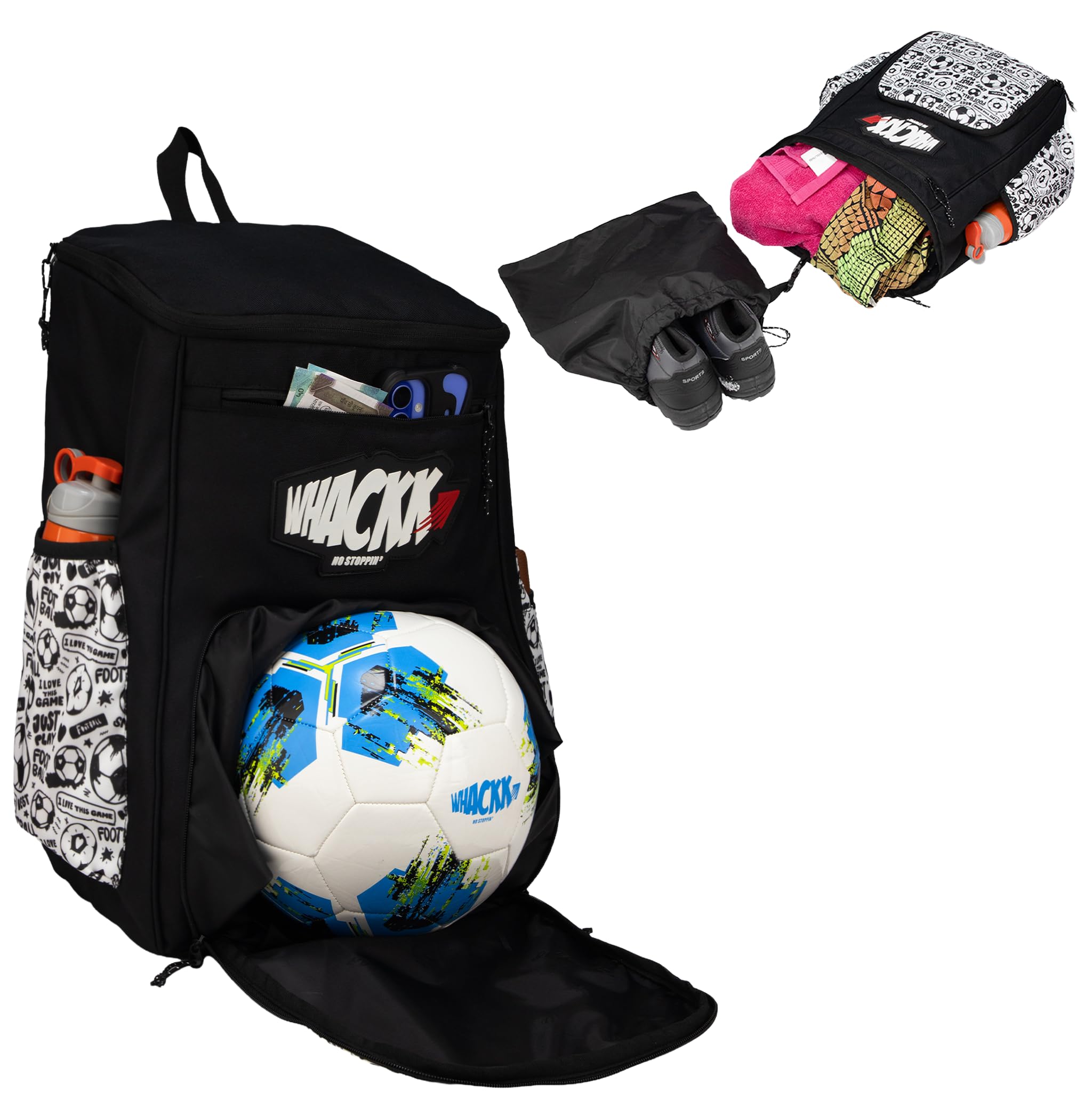 WHACKK Figo Football Bag Black White 44L|Sports Backpack with Ball Holder, Detachable Wet Drawstring Pouch, Utility Pockets & Large Capacity for Gear-image-20