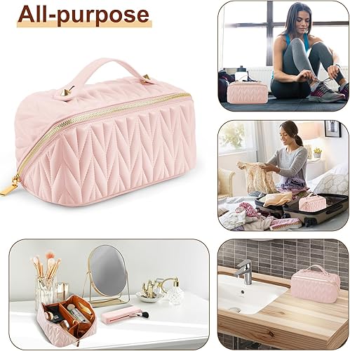Miniatura 6 de Bolsa de maquillaje de viaje, bolsa de maquillaje portátil de gran apertura, se abre plana para un fácil acceso, bolsa de aseo personal, bolsa de