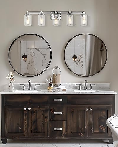 Miniatura 6 de HWH - Lámpara de tocador cromada con 5 luces sobre espejo, lámpara de pared moderna para baño, 37 pulgadas, acabado cromado, 5HLT63B-5W CH