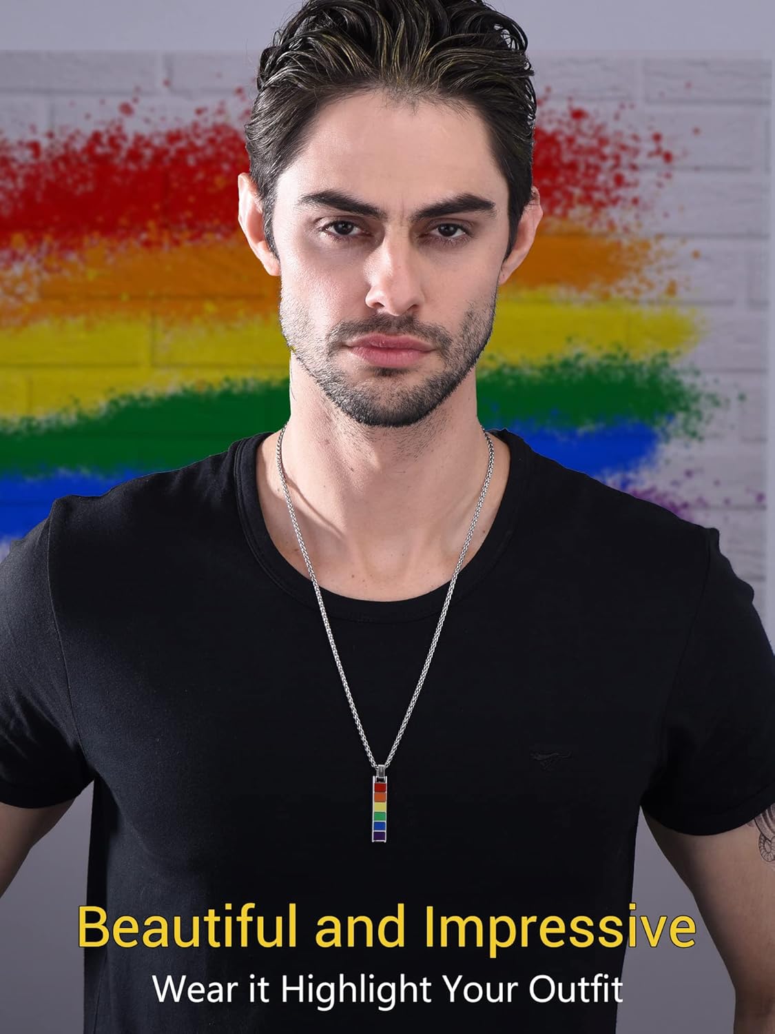 PROSTEEL LGBT Rainbow Necklace for Men, Gold Plated/Black Stainless Steel Bar/Dog Tag Pendant, Lesbian Gay Pride Necklace Jewelry, Come with Box