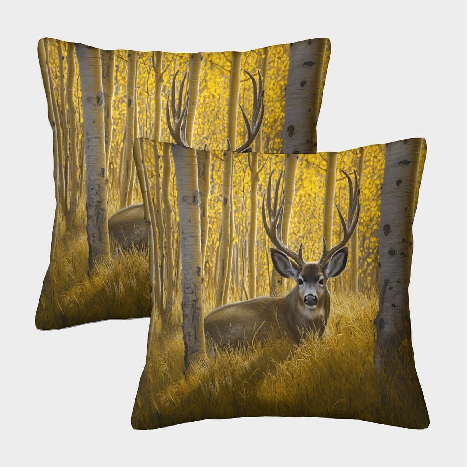 kaiyun 2 Pack Mule Deer, Golden Aspen Trees Luxury Digital Printed Soft 3D Themed Square Cushion Cover 45x45cm