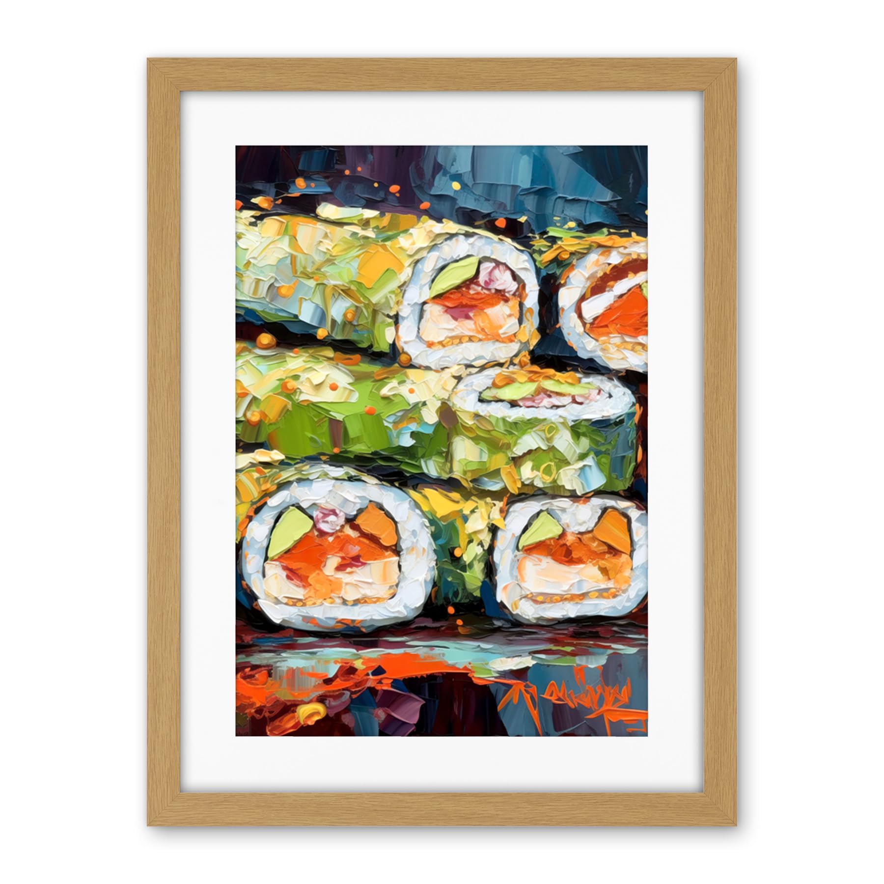 Artery8 Vibrant Japanese Cuisine Sushi Roll Oil Painting Artwork Framed Wall Art Print 18X24 Inch