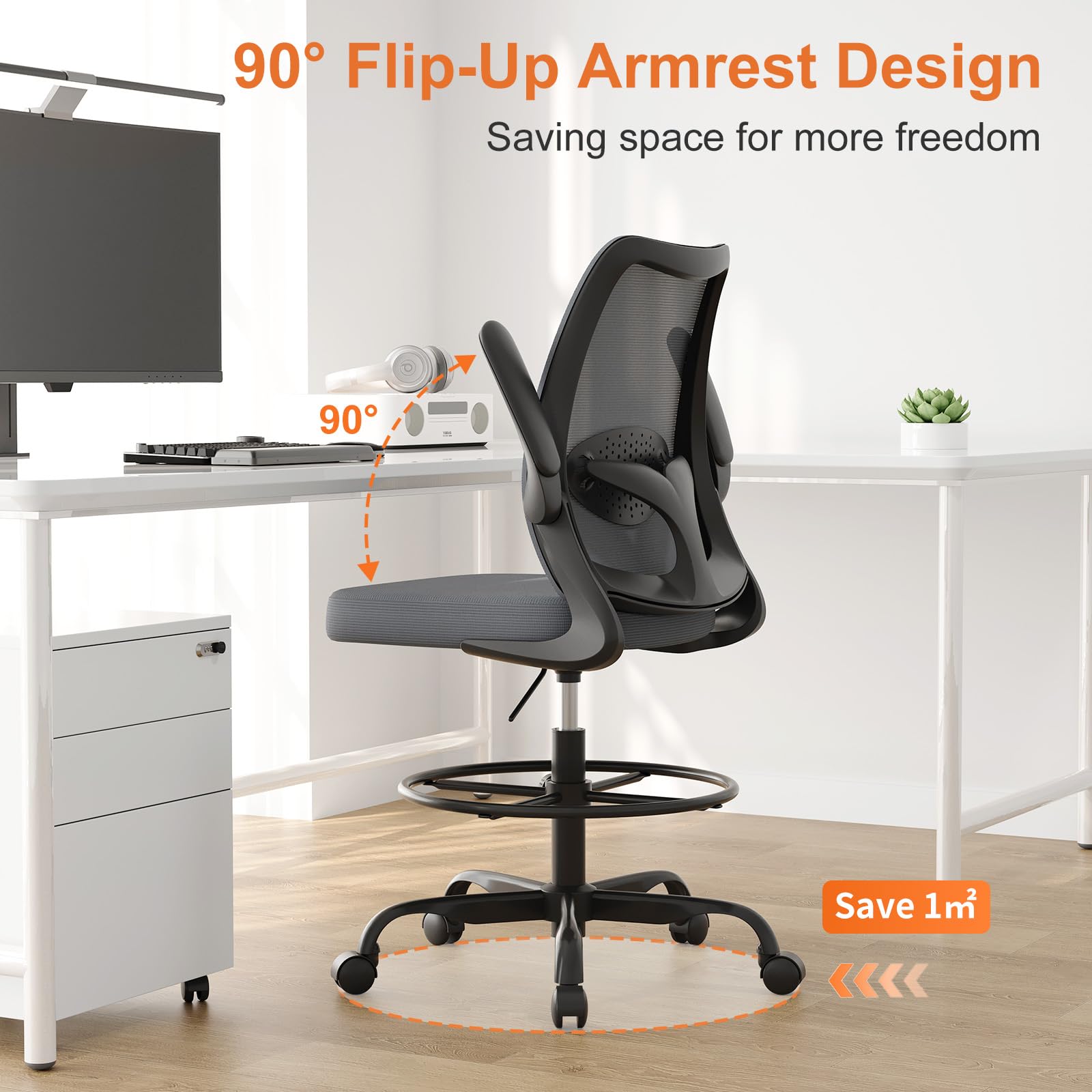 Tall Office Chair for Standing Desks,High Desk Drafting Chair with Adjustable Footrest Ring,Ergonomic Lumbar Support,Flip-Up Armrests for Home Office,Grey