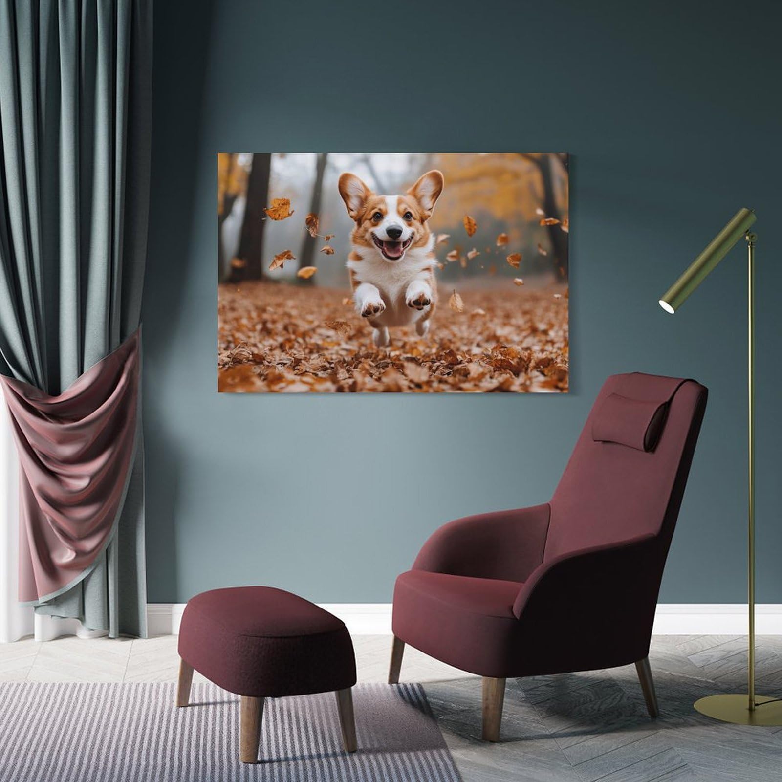 Junmoney Frame-Style-20 Canvas Wall Art Happy Corgi Running In Autumn Leaves, 20X30inch(50X75cm), For New Homes, Bedrooms Or Workspaces, Canvas Artwork With Gifting Potential