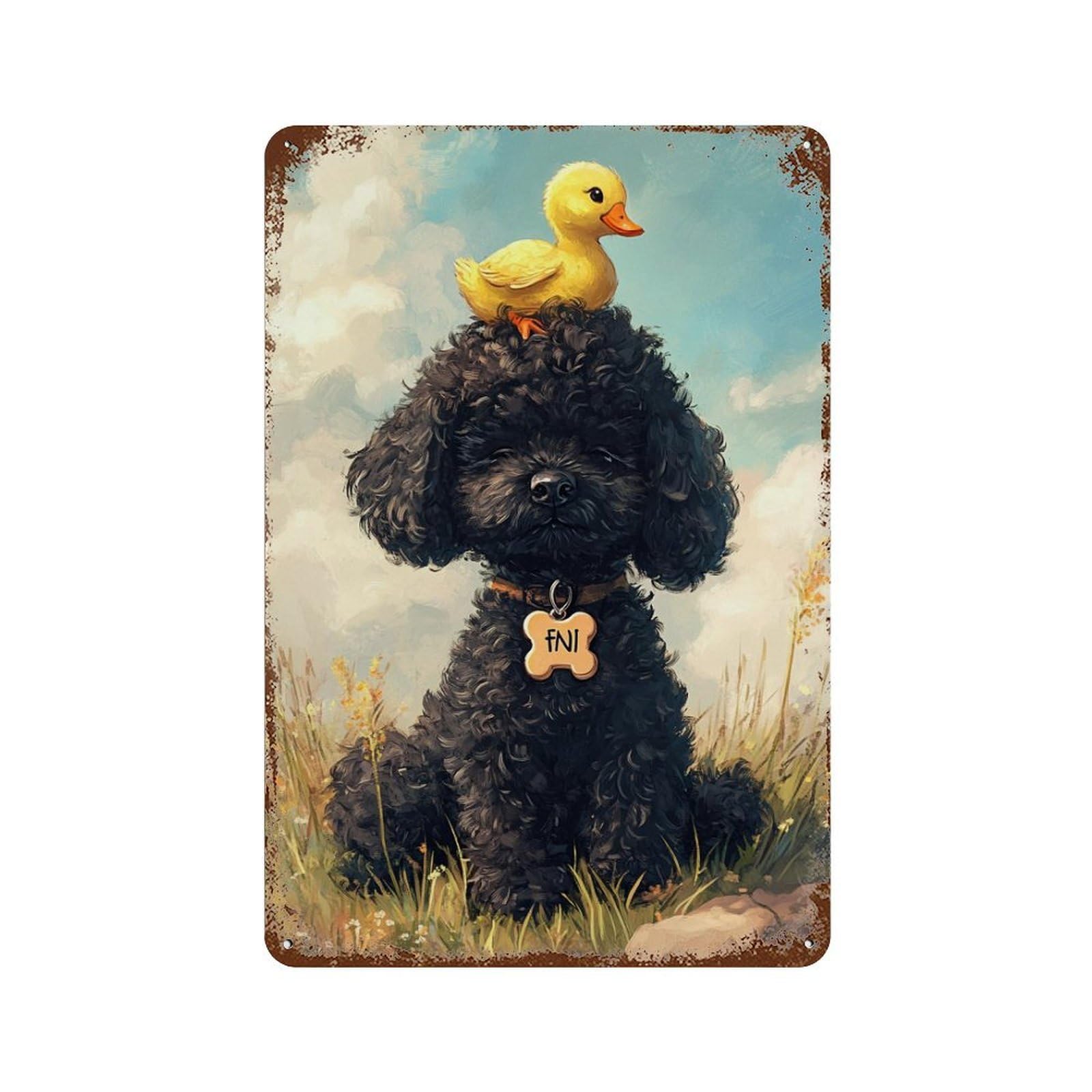 Black Poodle with Yellow Duck -2 Retro Metal Sign 11.8"x7.9", Novelty Wall Decor for Garage, Pub Or Kitchen