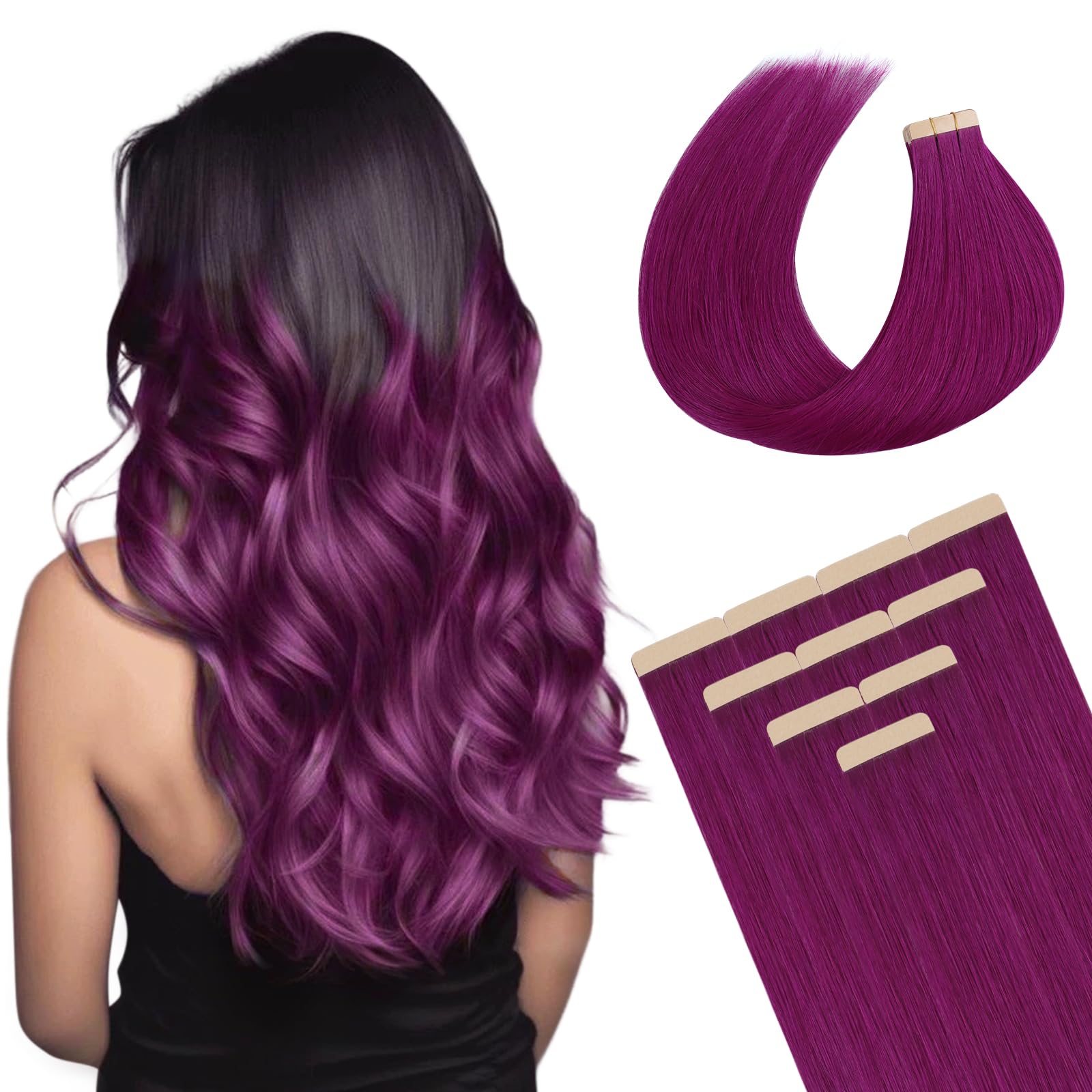 DOORES Tape in Hair Extensions Human Hair, Violet, 14 inches 10pcs 25g, HIGHLIGHT or SUPPLEMENT