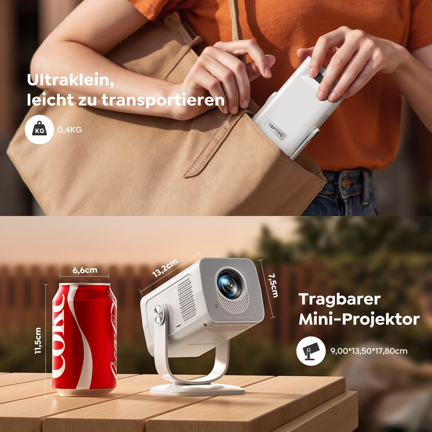 Mini Beamer 4K 1080P Unterstützt [Android 14 & 270° Drehbar] Smart Beamer Klein mit WiFi 6 Bluetooth 5.4, Tragbarer Projektor Heimkino Outdoor mit Auto Trapezkorrektur für HDMI/Android/iOS/PC/USB