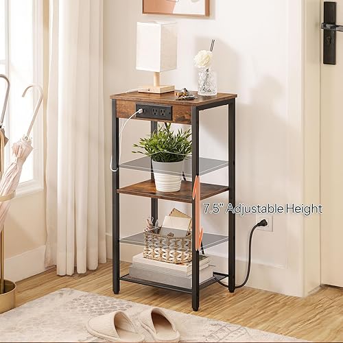 Miniatura 5 de HOOBRO Mesas auxiliares altas con estación de carga, juego de 2, mesitas de noche de 30 pulgadas de alto, mesas laterales de 3 niveles con estantes