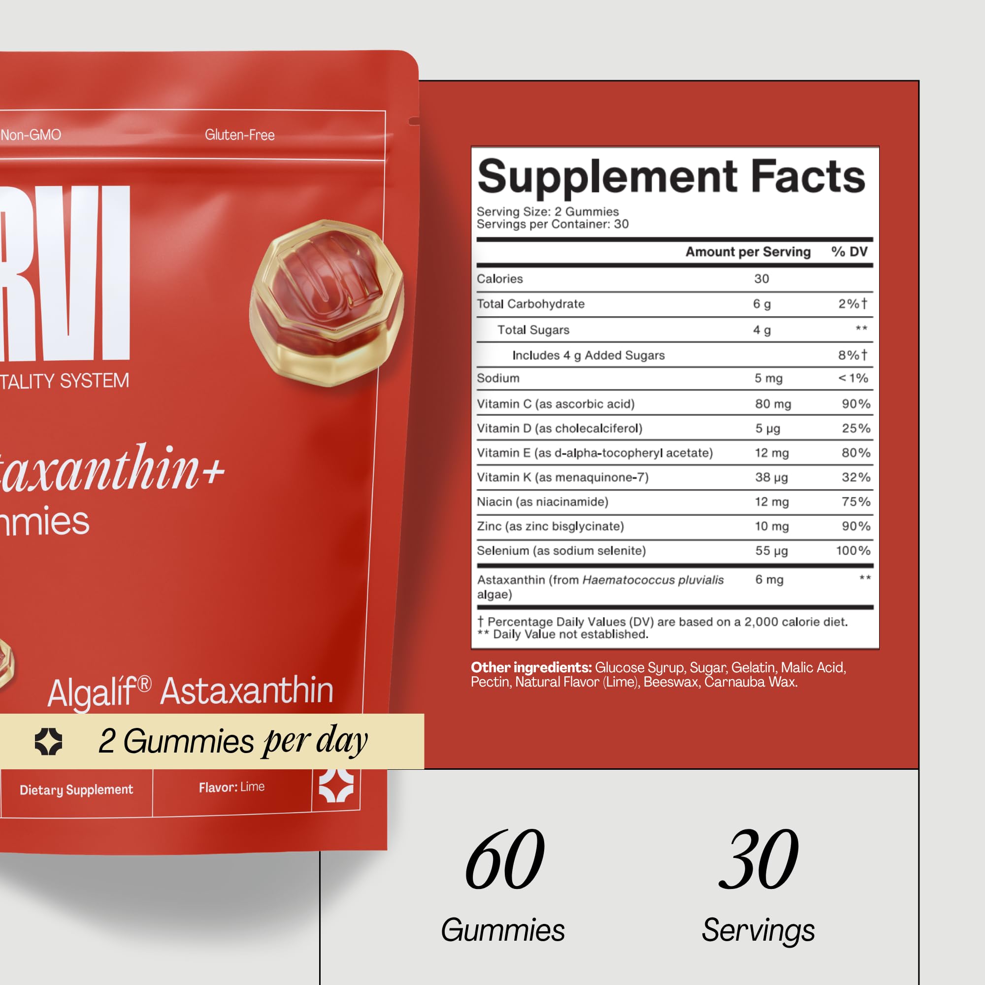 URVI Astaxanthin Gummies 6mg (Algalíf® Iceland) with Vitamin C, D, E, K2, Niacin, Selenium & Zinc – Daily Antioxidant Support – Lime Flavor, 60 Chews — Amazon image 2