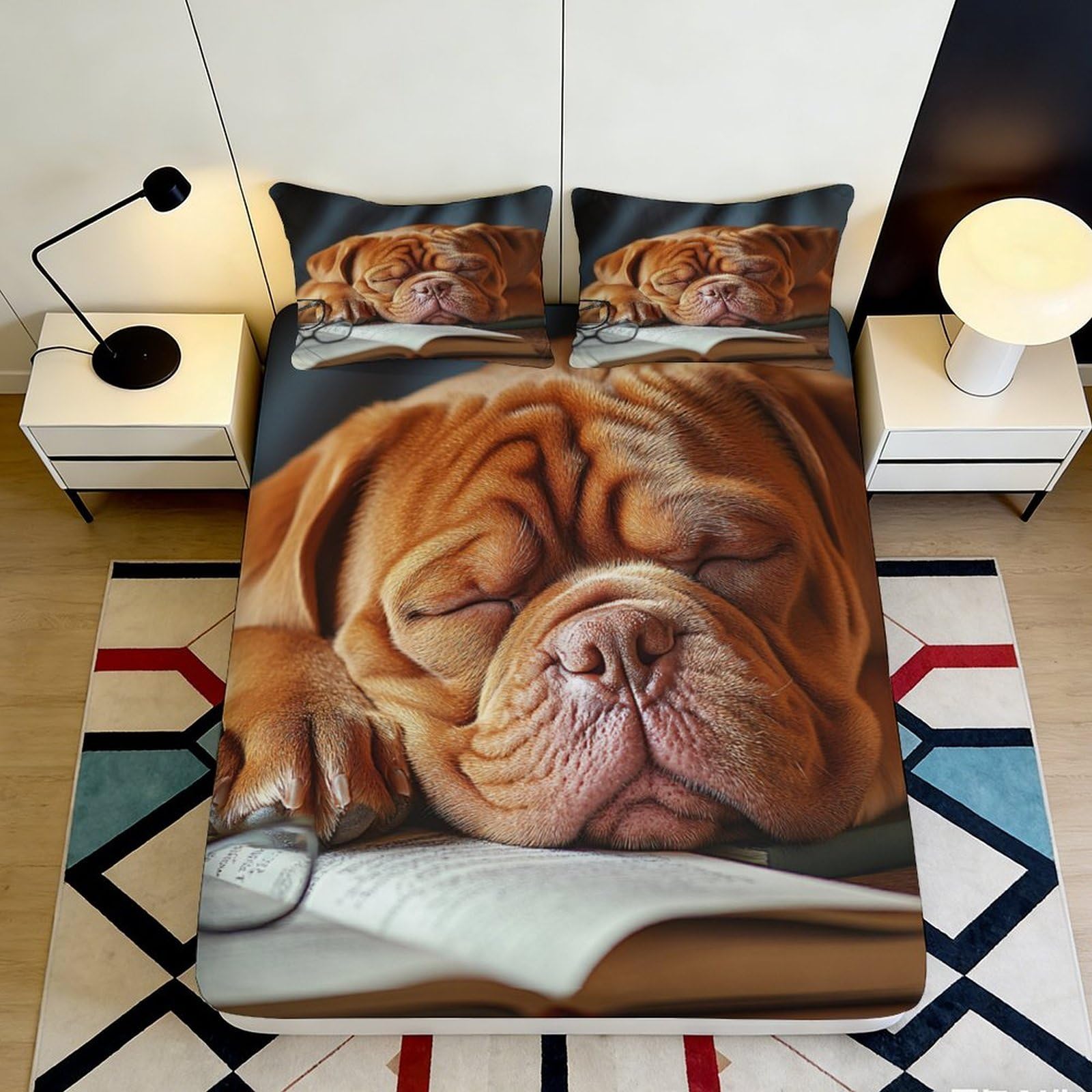 3D Printed Sleeping Dog Fitted Sheet Microfiber Soft Brown Puppy Bed Cover for Bedroom Guest Room Decor 90x200x25cm