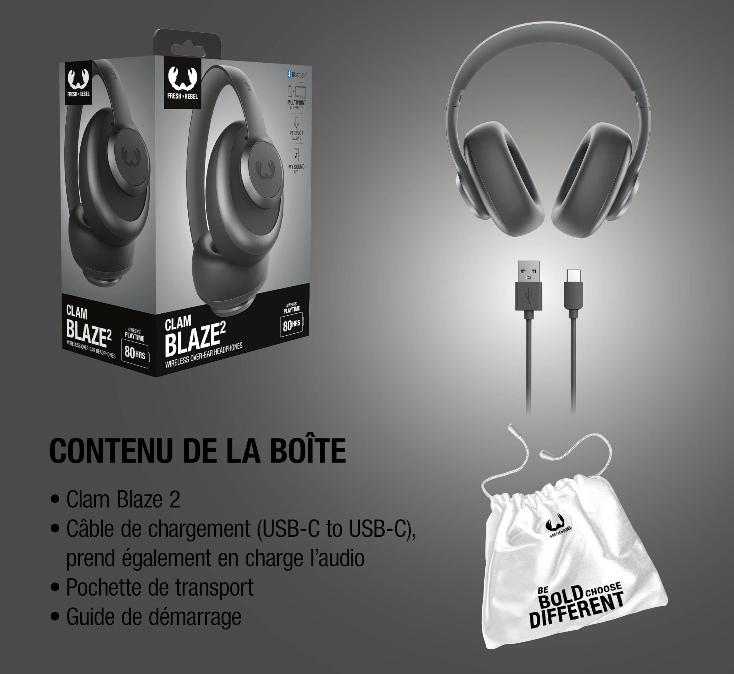 Fresh 'n Rebel Clam Blaze 2, Casque sans Fil Circum-auriculaire, 80 h d’autonomie, Bluetooth 5.3, Application My Sound, Microphone intégré, Pliable, Boutons cliquables, Charge Rapide (Storm Grey)