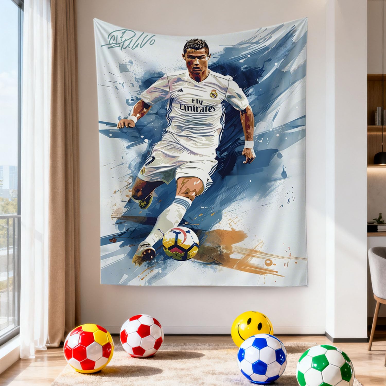 Cristiano Ronaldo World Cup Soccer Tapestry for Teens Fans - Single-Sided HD Fade-Resistant Print, Machine Washable Polyester, 4 Corner Grommets, Indoor Wall Decor for Bedroom/Living Room, 35.4x47.2 Inches (White) — view 2