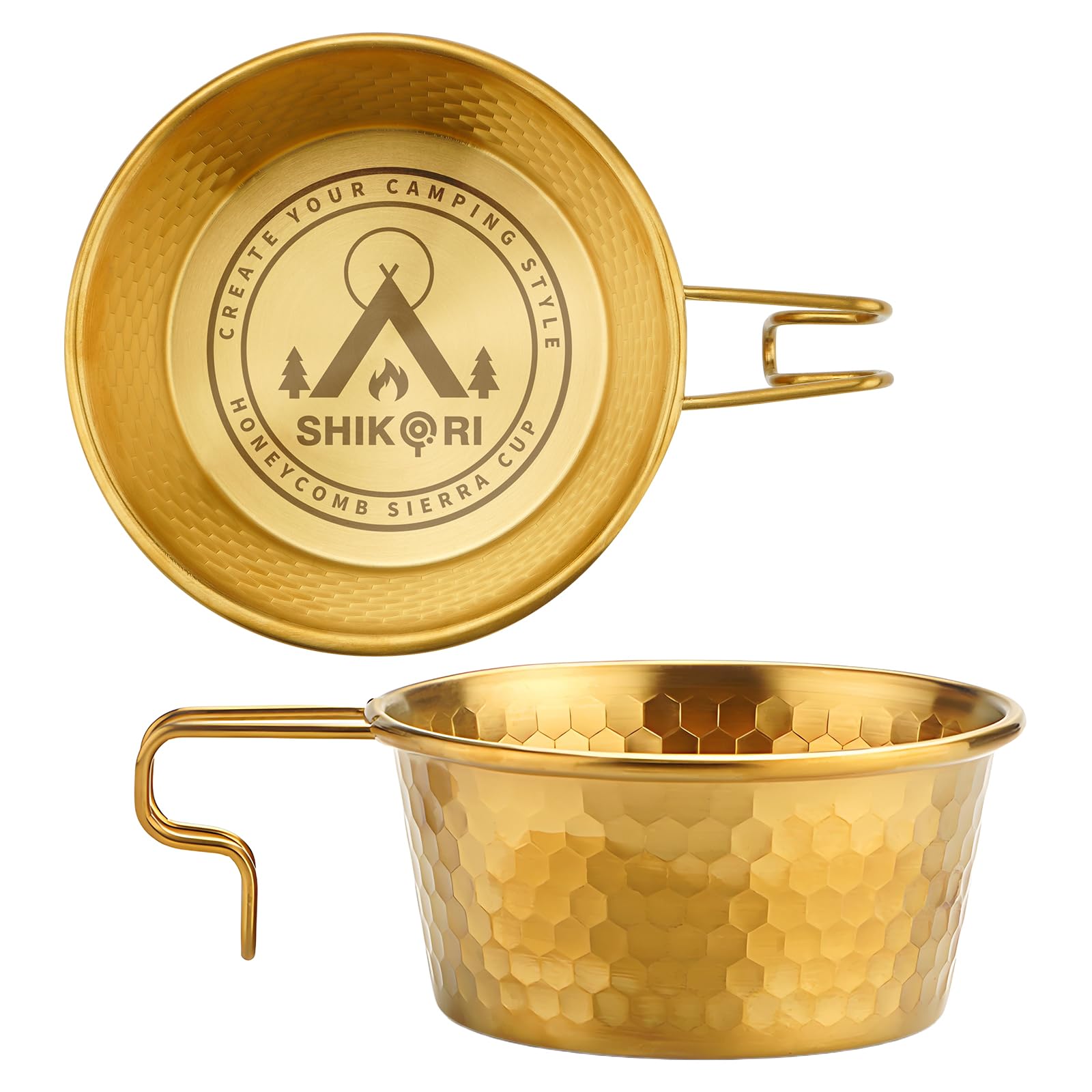SHIKORI Taza Sierra de acero inoxidable para camping, apilable, portátil, 450 ml, juego de 2 piezas para camping y senderismo (dorado)