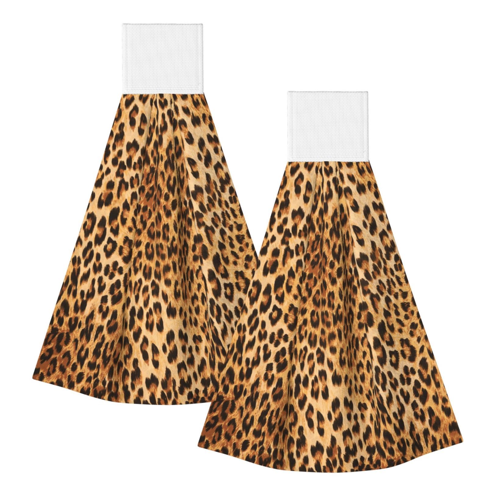 DOPKLNA Leopard Print, 2 Pcs Hanging Coral Fiber Hand Towels for Bathroom, Absorbent Kitchen Towels