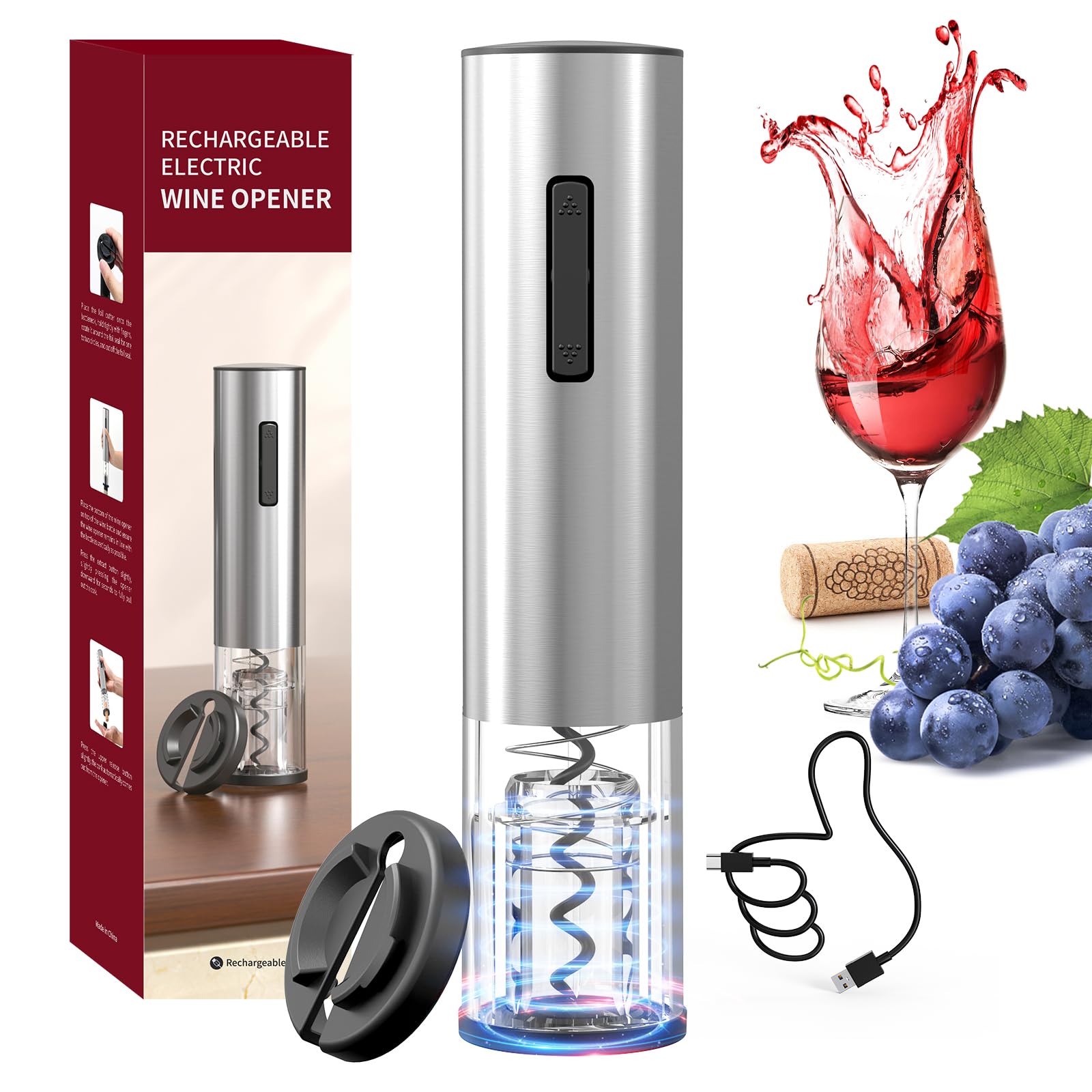 CIRCLE JOY Electric Wine Opener Rechargeable Stainless Steel Automatic Corkscrew Wine Bottle Opener with Foil Cutter, Blue Led Indicator and One-Click Button, Silver