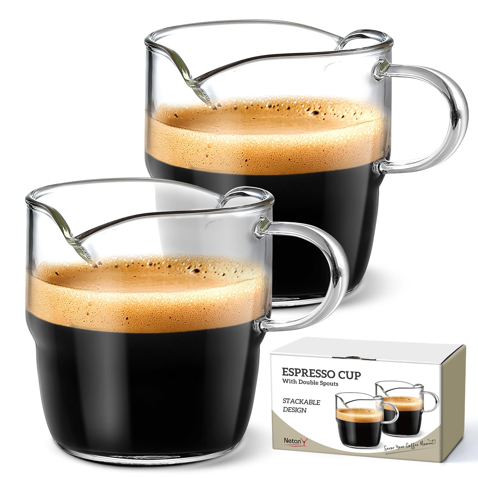 NETANY 6 OZ Espresso Cups Set of 2 Double Spouts Stackable Cups Espresso Shots Glass Mugs with Handle