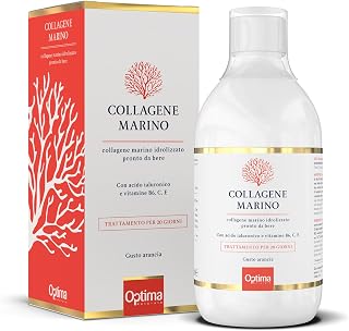 Collagene Marino Idrolizzato Liquido, pronto da bere, con Acido Ialuronico e Vitamine C, E, B6, 500 ml Collagene Marino Optima Naturals