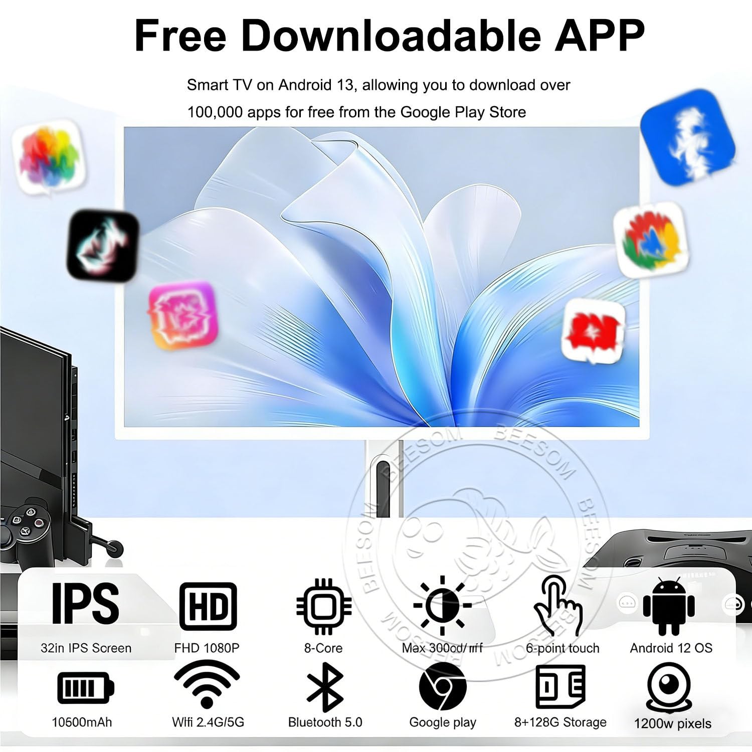 Grande Télévision,Téléviseur Intelligent Portable,27 Pouces 4k Uhd,8go+128go,écran Tactile Rotatif+Batterie Intégrée,TV sur Pied avec roulettes,pour Salles Jeux,événements Extérieurs 23in