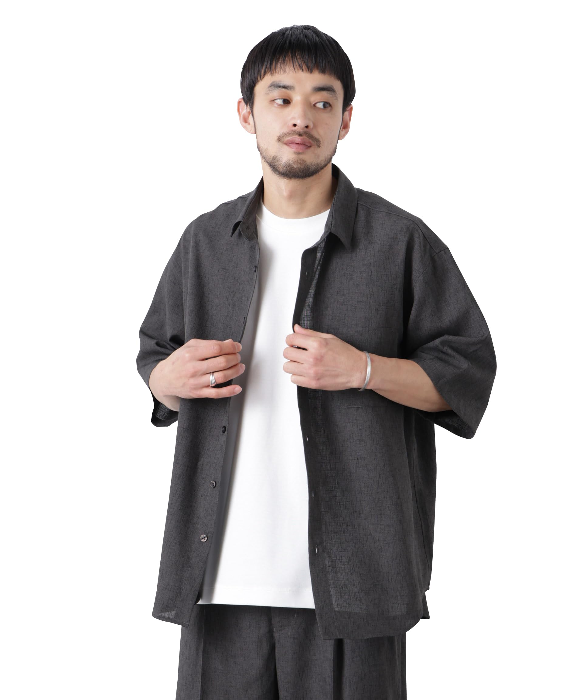 [ナノ・ユニバース] テックリネンシャツ 半袖(セットアップ可) メンズ S グレー 672-6121209